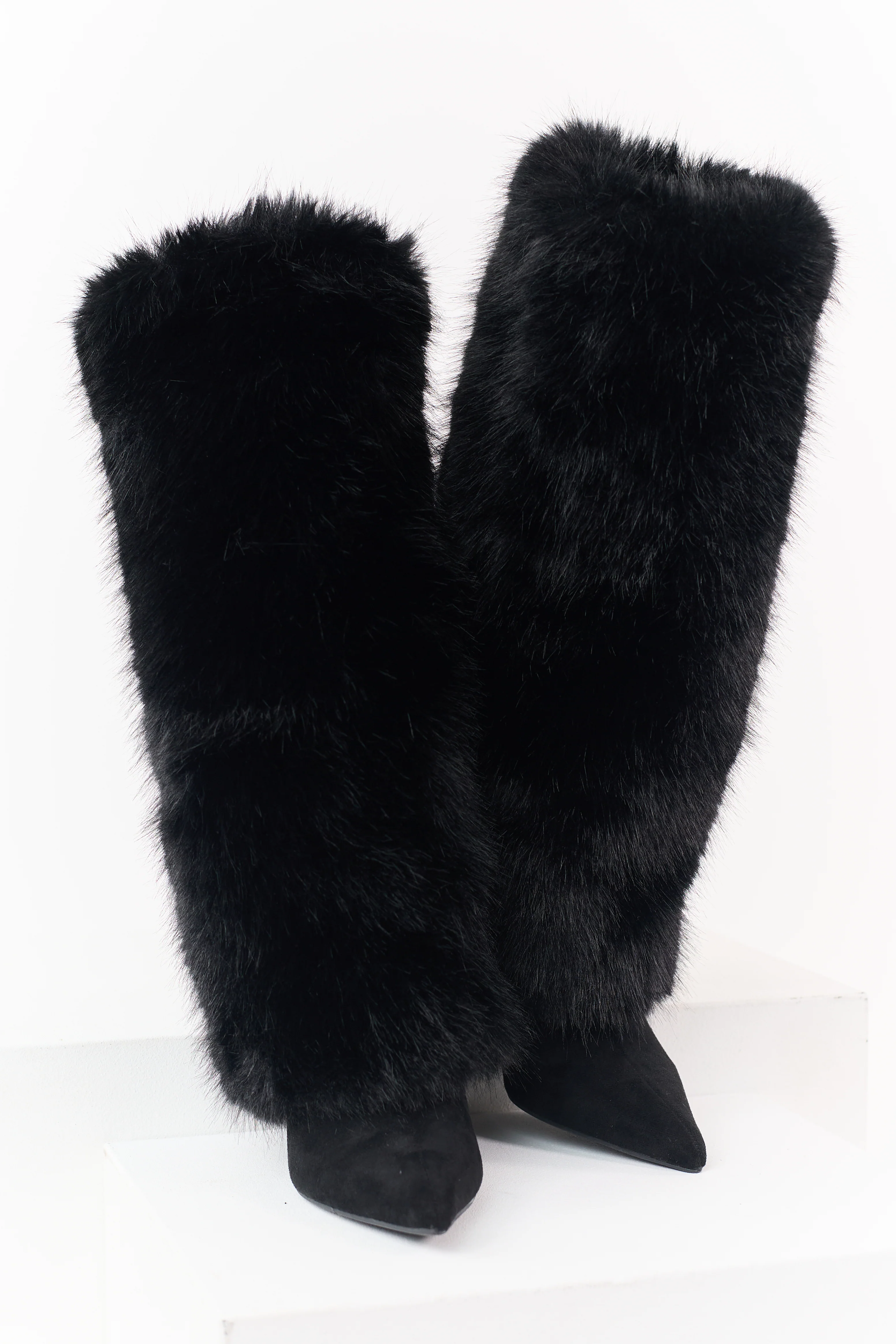 Black Microsuede Faux Fur Overlay Stiletto Boots - Image 3