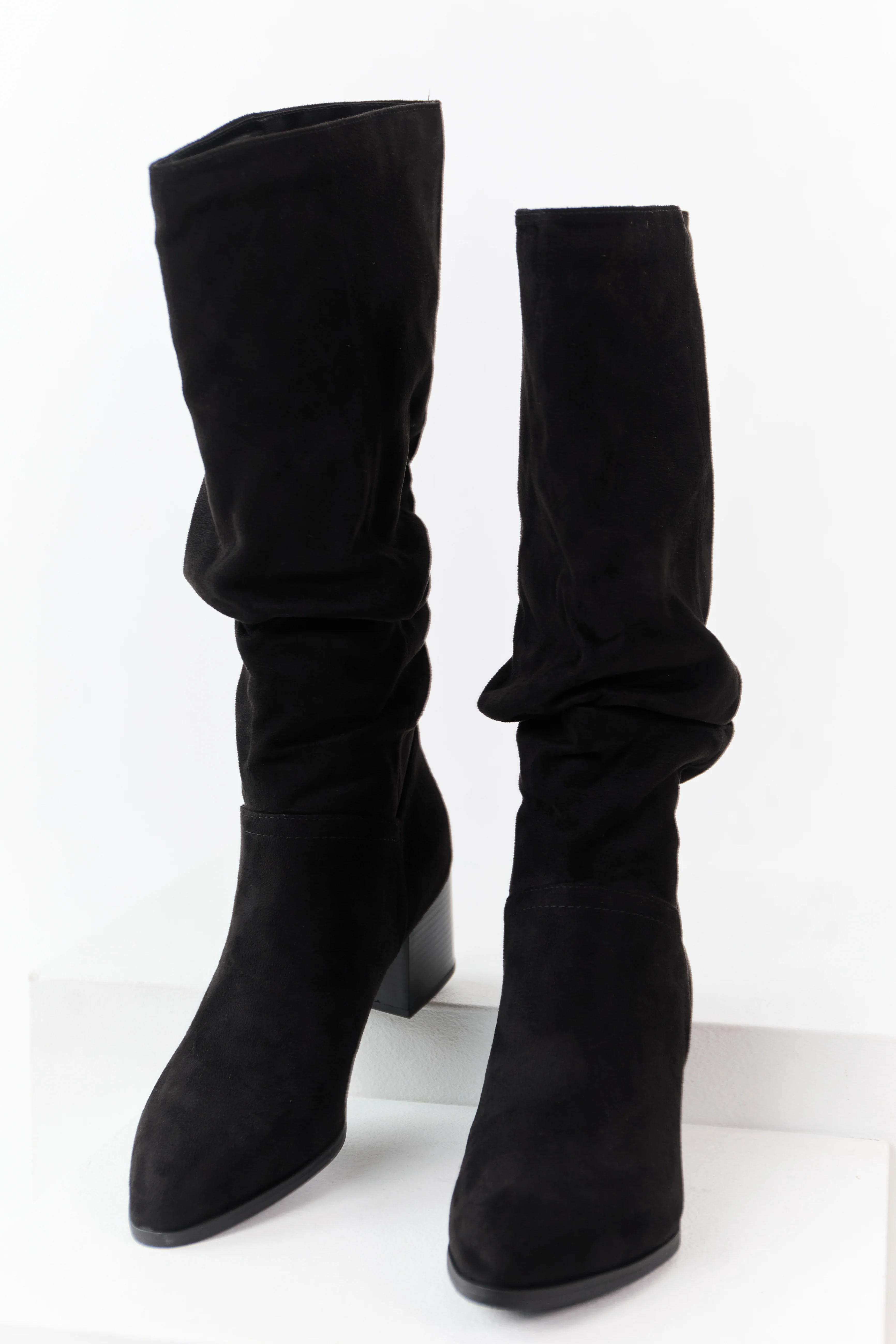 Black Microsuede Slouch Block Heel Tall Boots - Image 2