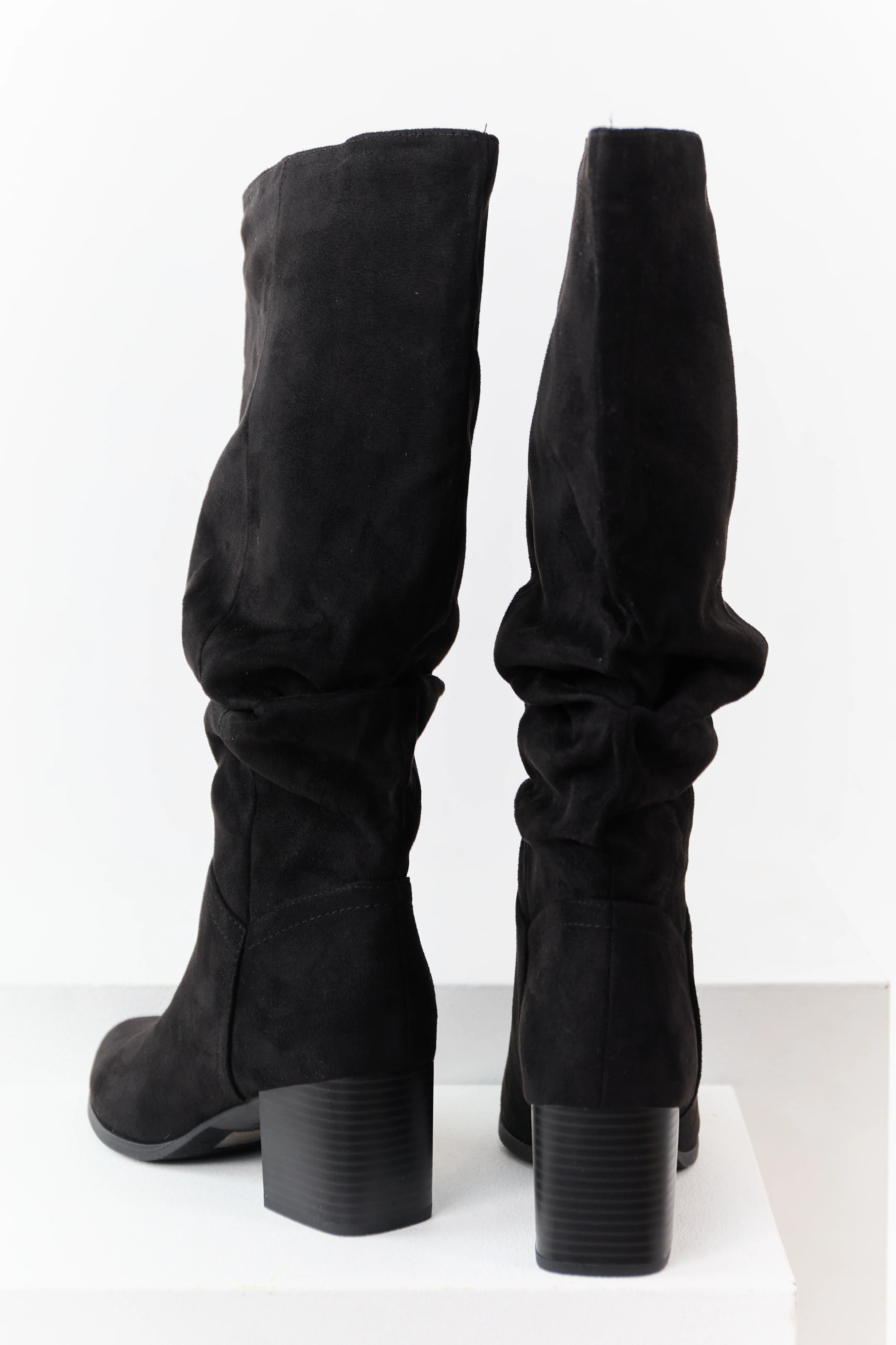 Black Microsuede Slouch Block Heel Tall Boots - Image 3