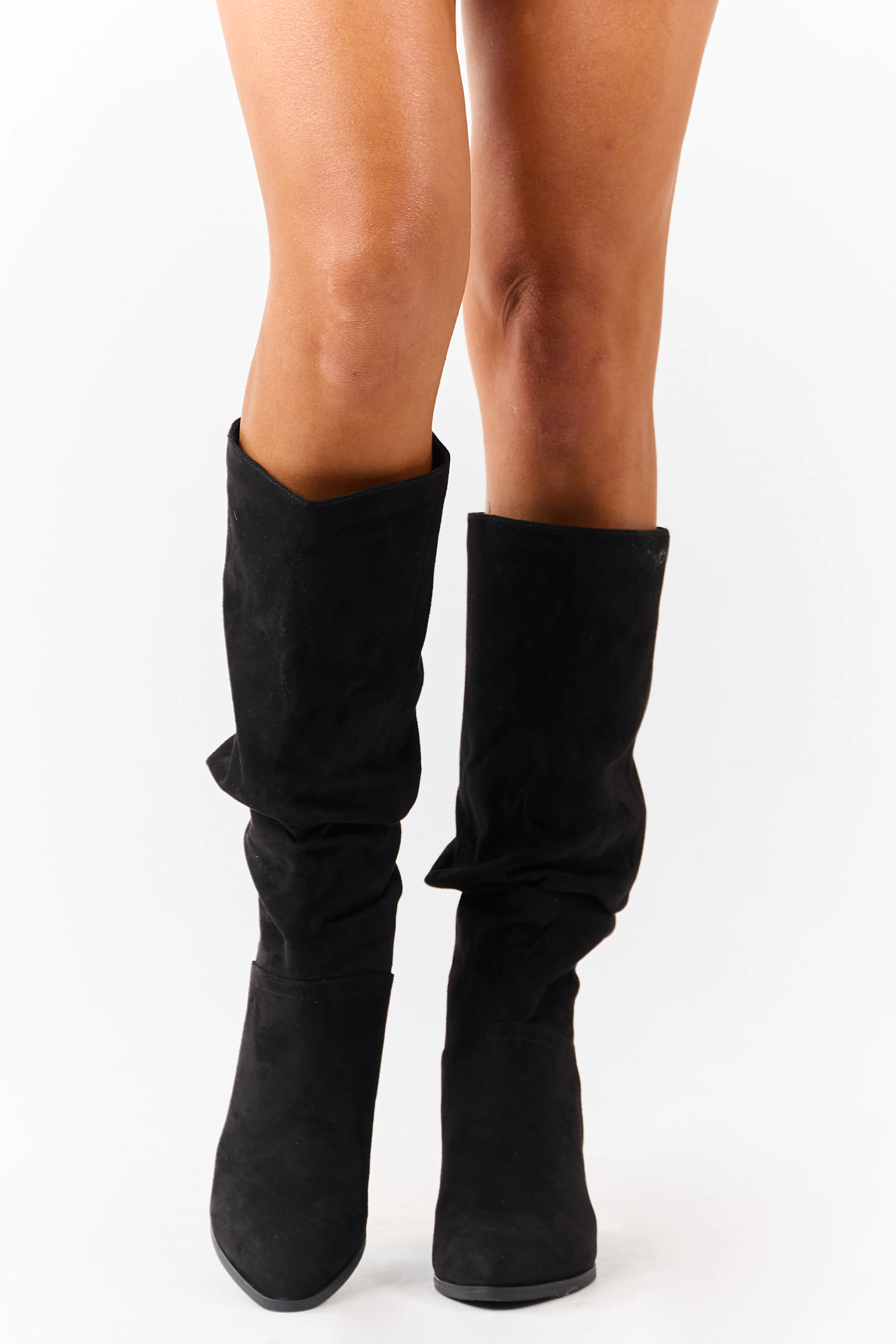 Black Microsuede Slouch Block Heel Tall Boots - Image 4
