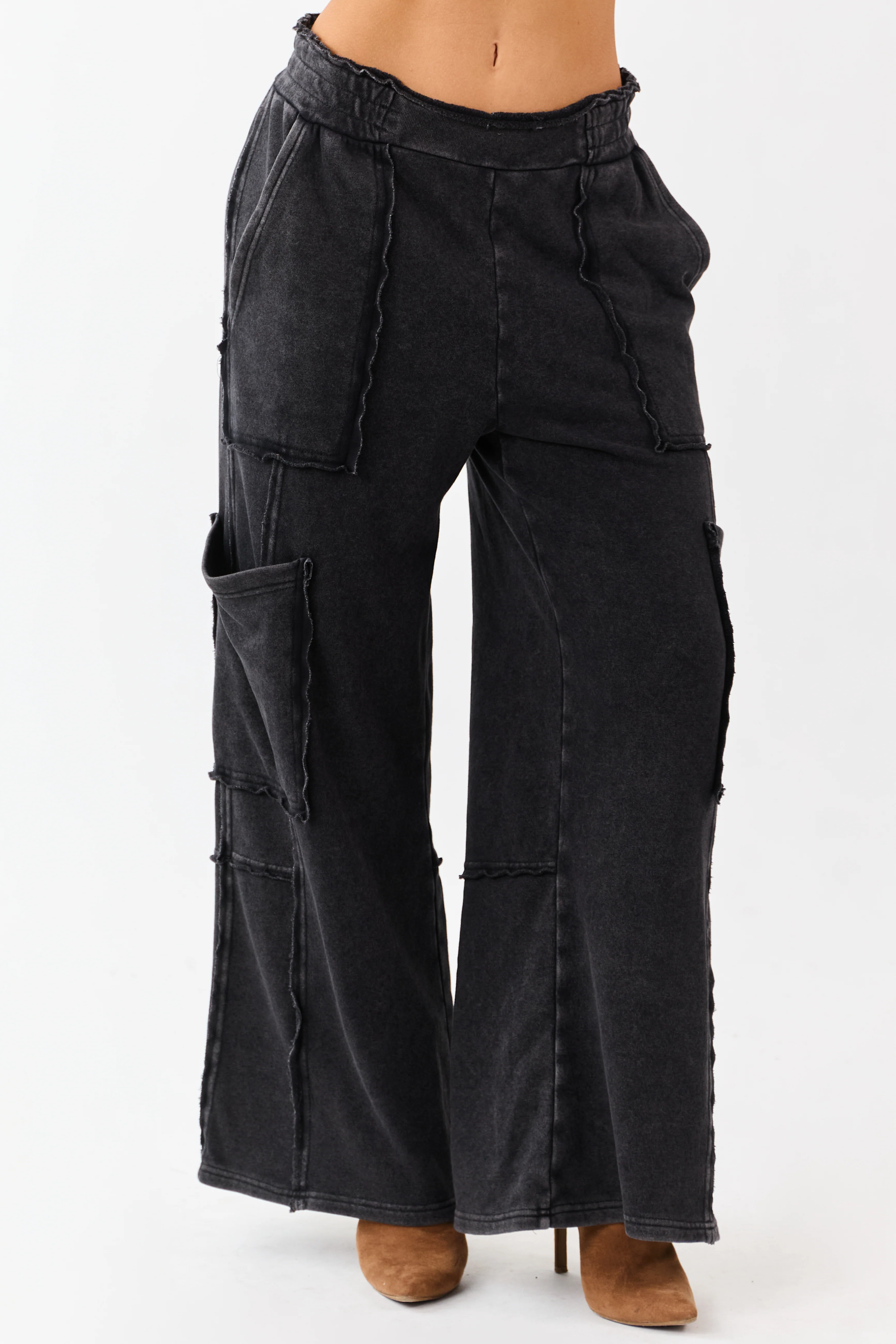Black Mineral Wash Raw Seam Cargo Sweatpants - Image 2