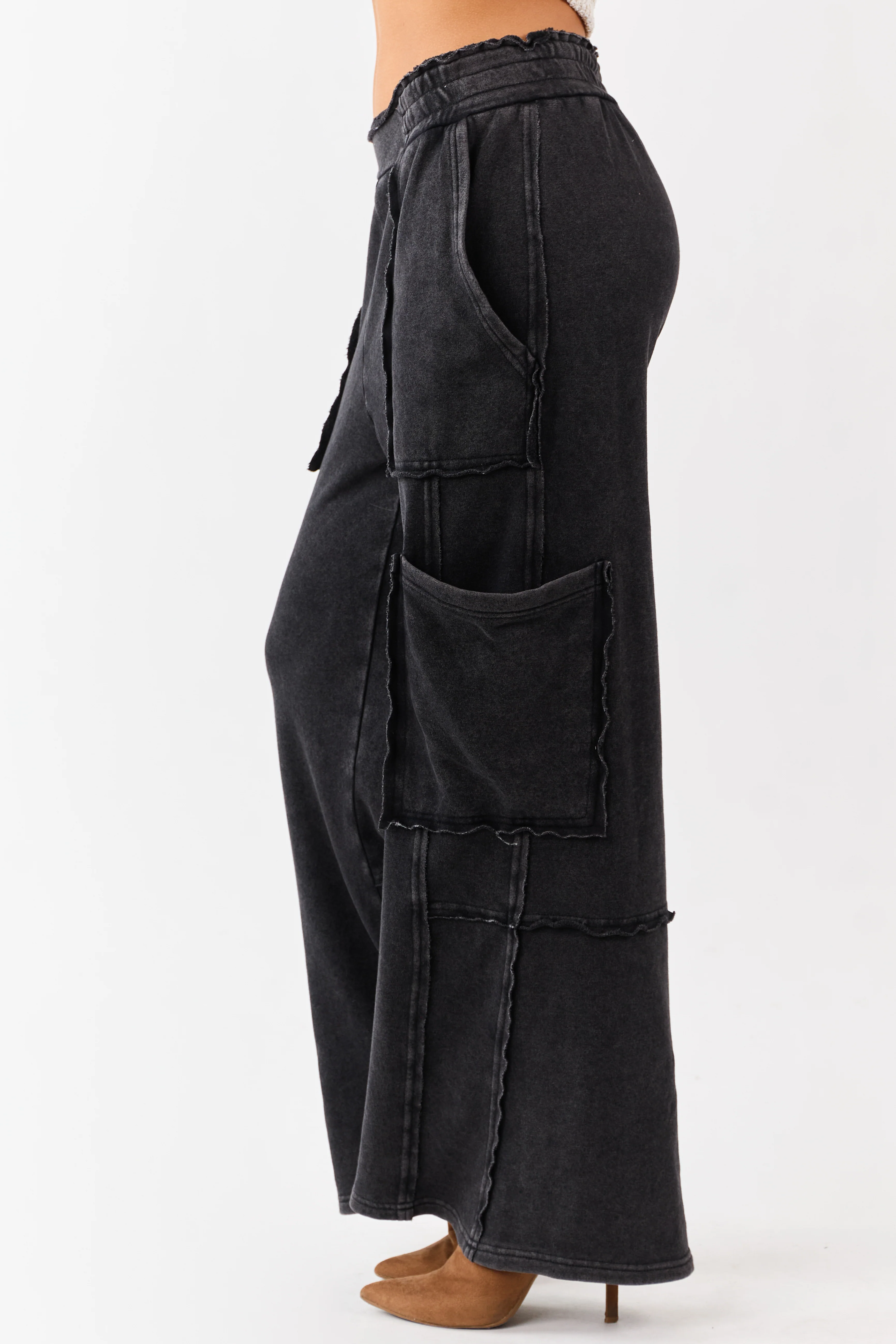 Black Mineral Wash Raw Seam Cargo Sweatpants - Image 3