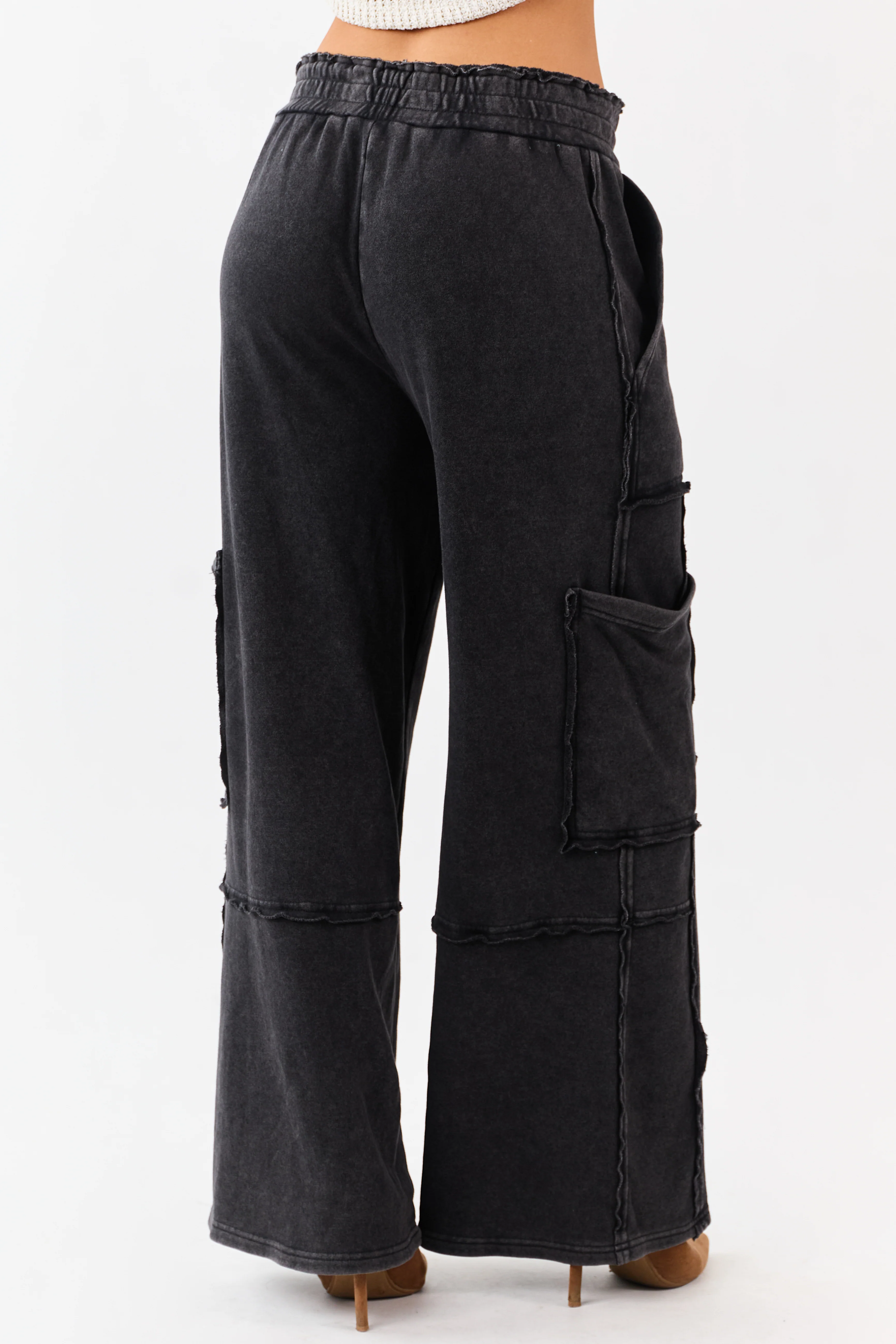 Black Mineral Wash Raw Seam Cargo Sweatpants - Image 4