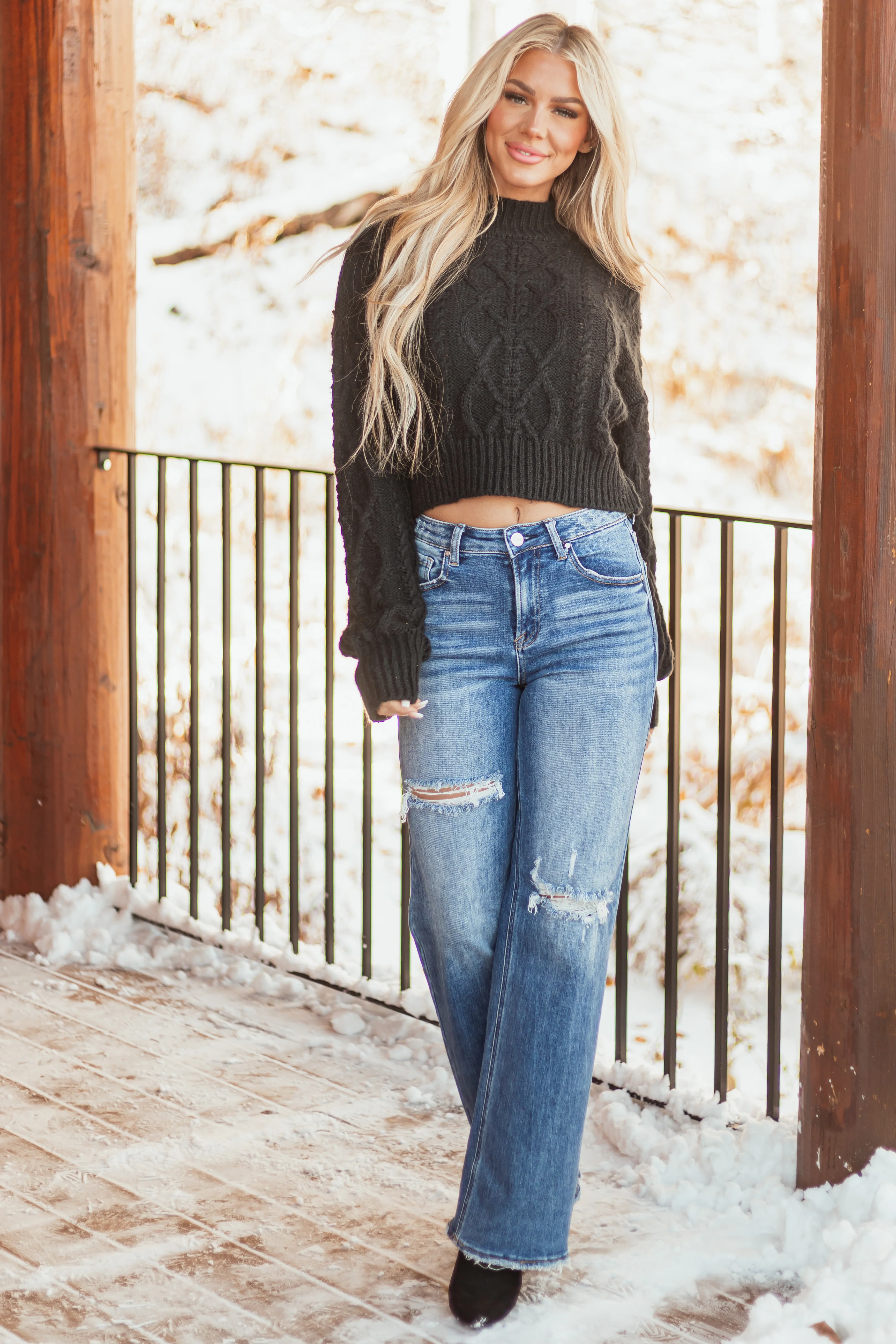 Black Mock Neck Cable Knit Sweater - Image 2