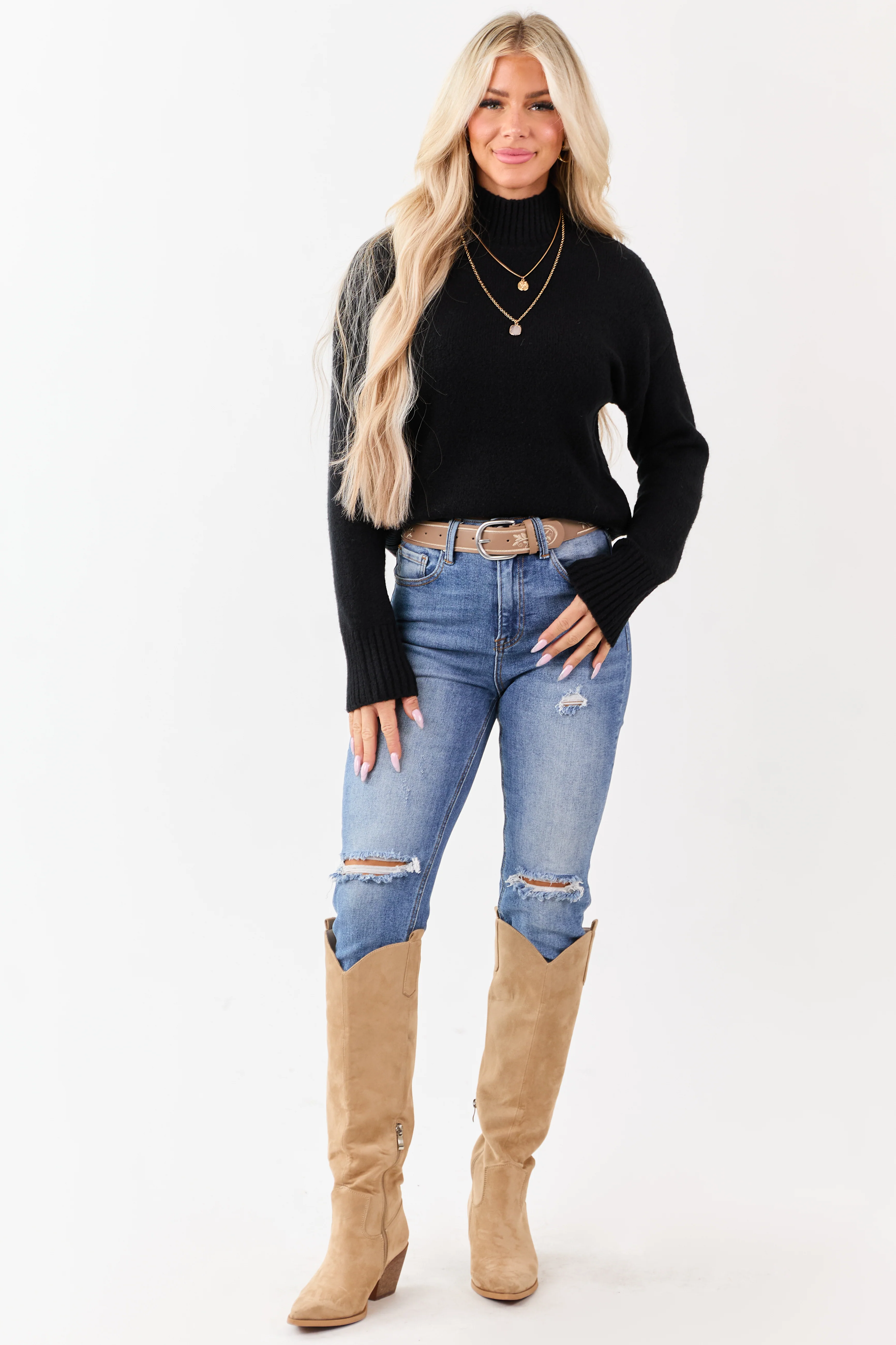 Black Mock Neck Relaxed Ribbed Trim Sweater - Image 2