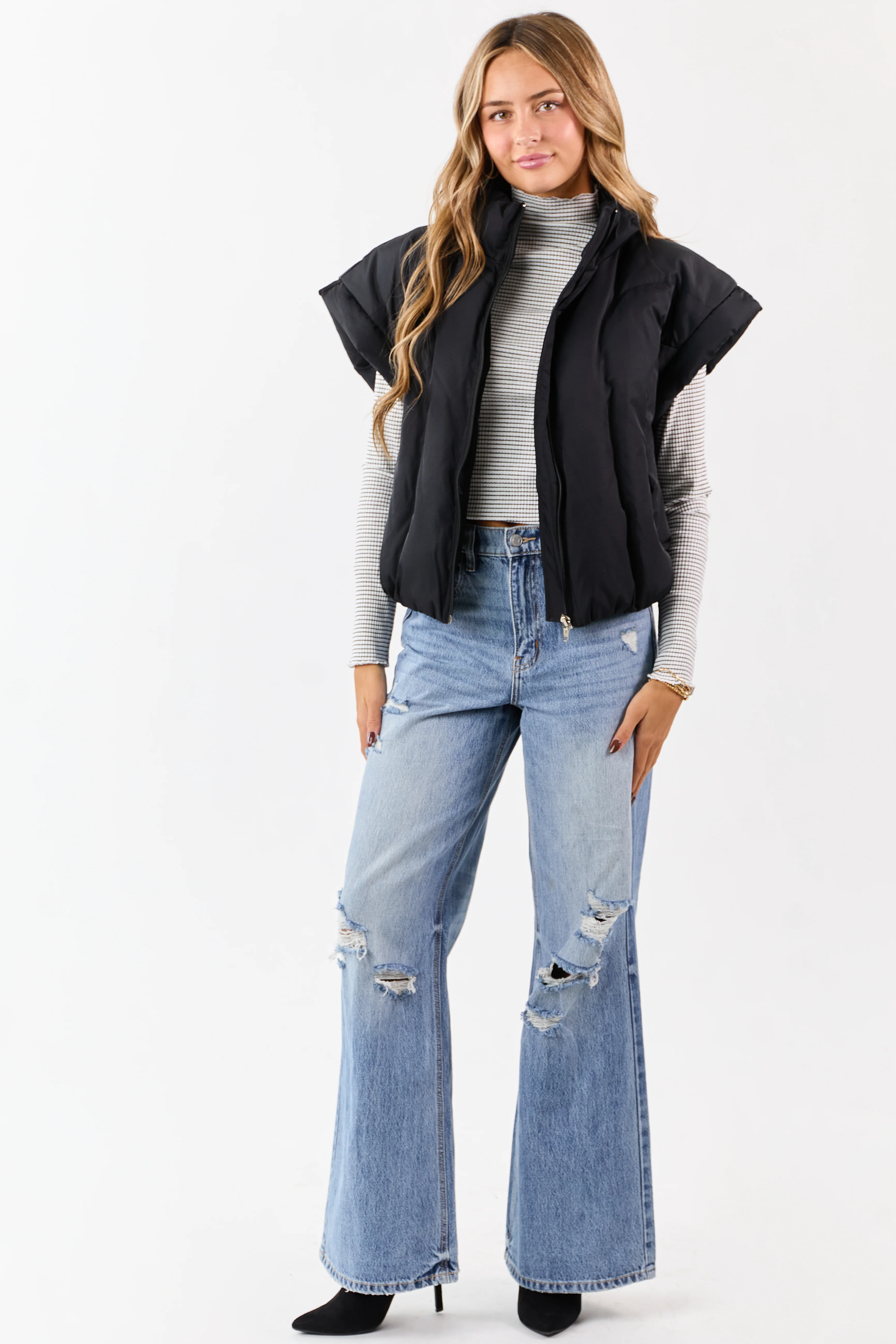Black Mock Neck Zip Up Quilted Puffer Vest - Image 3