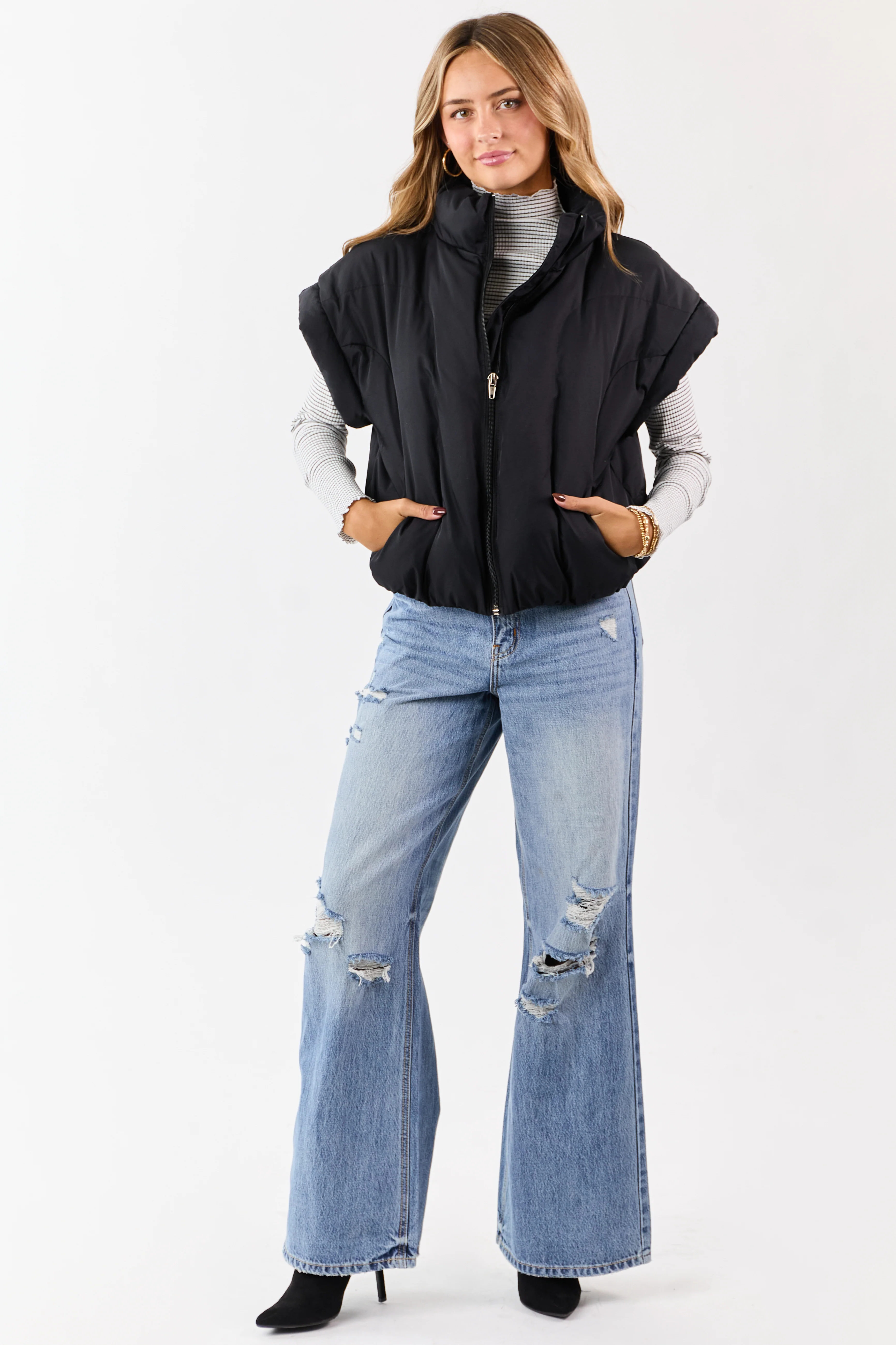 Black Mock Neck Zip Up Quilted Puffer Vest - Image 4