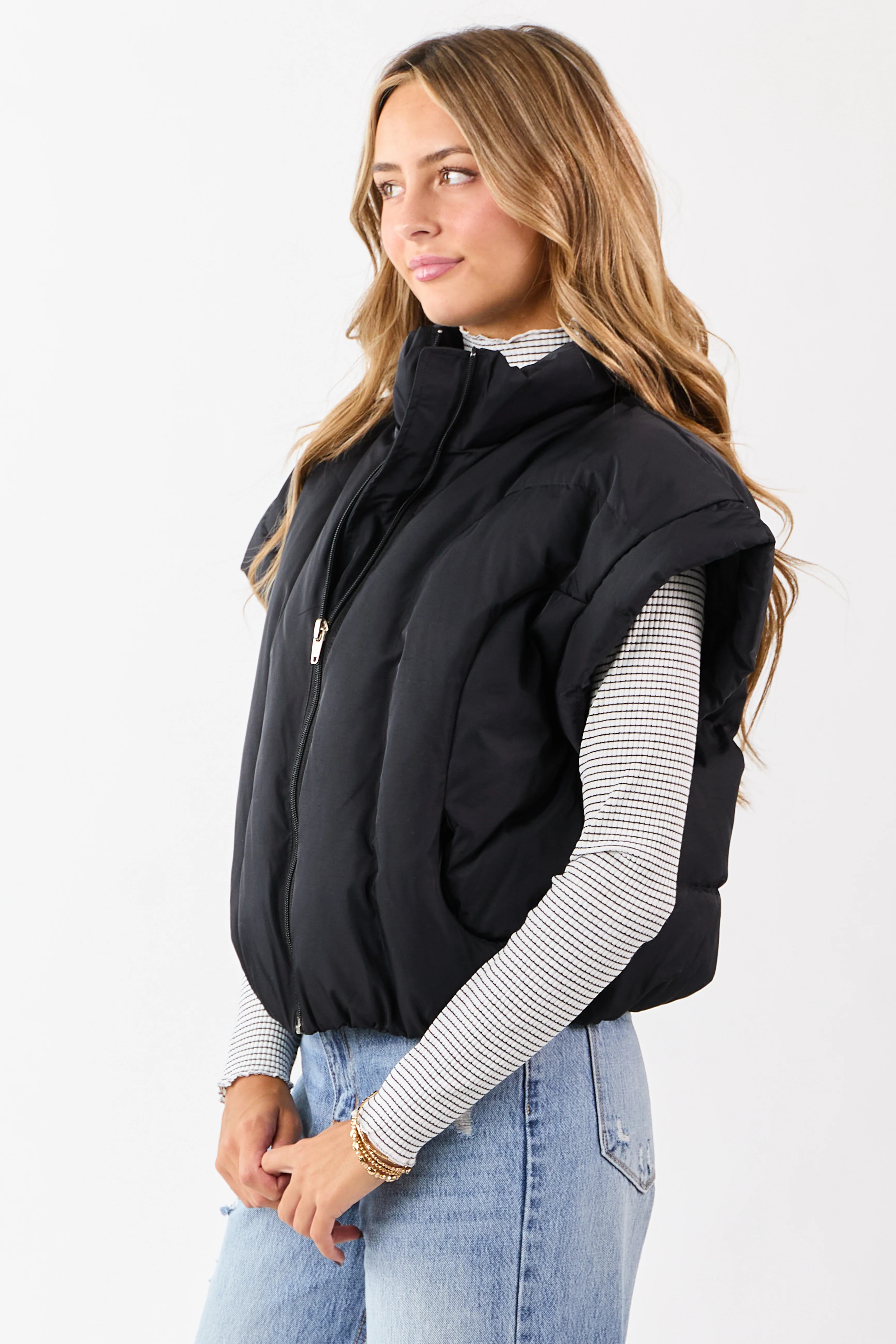 Black Mock Neck Zip Up Quilted Puffer Vest - Image 5