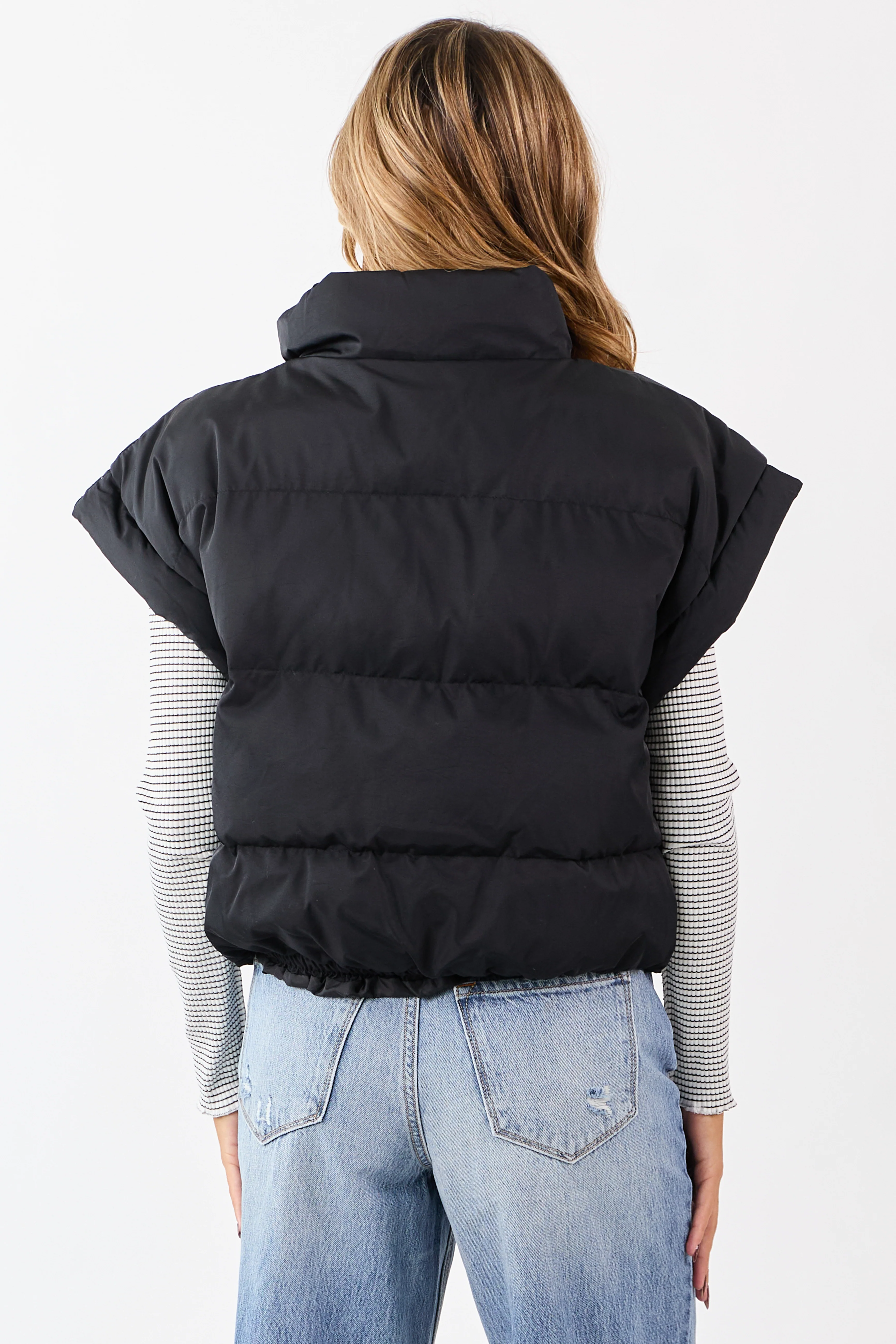 Black Mock Neck Zip Up Quilted Puffer Vest - Image 6