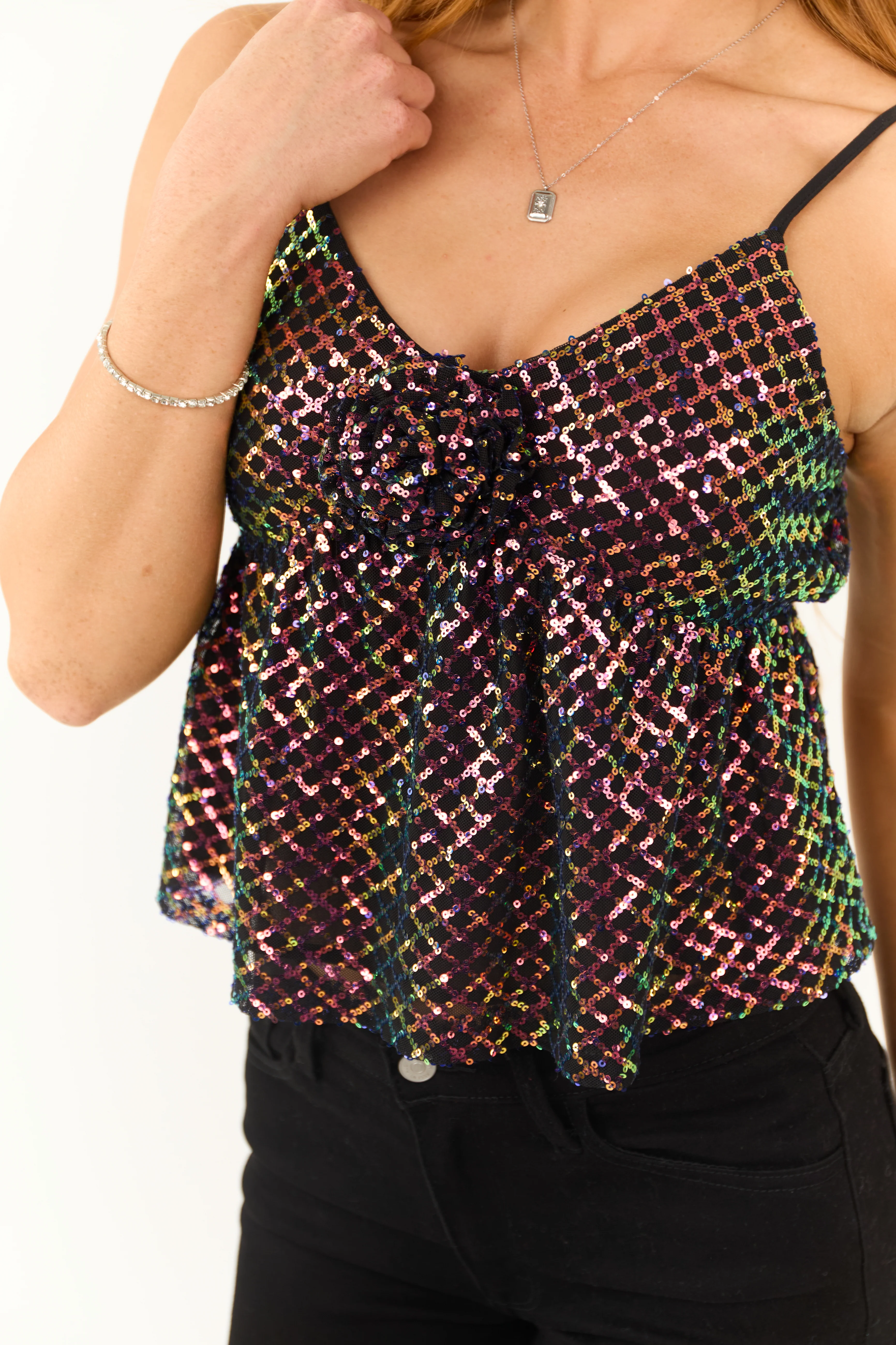 Black Multicolor Sequin Corsage Babydoll Tank Top - Image 8