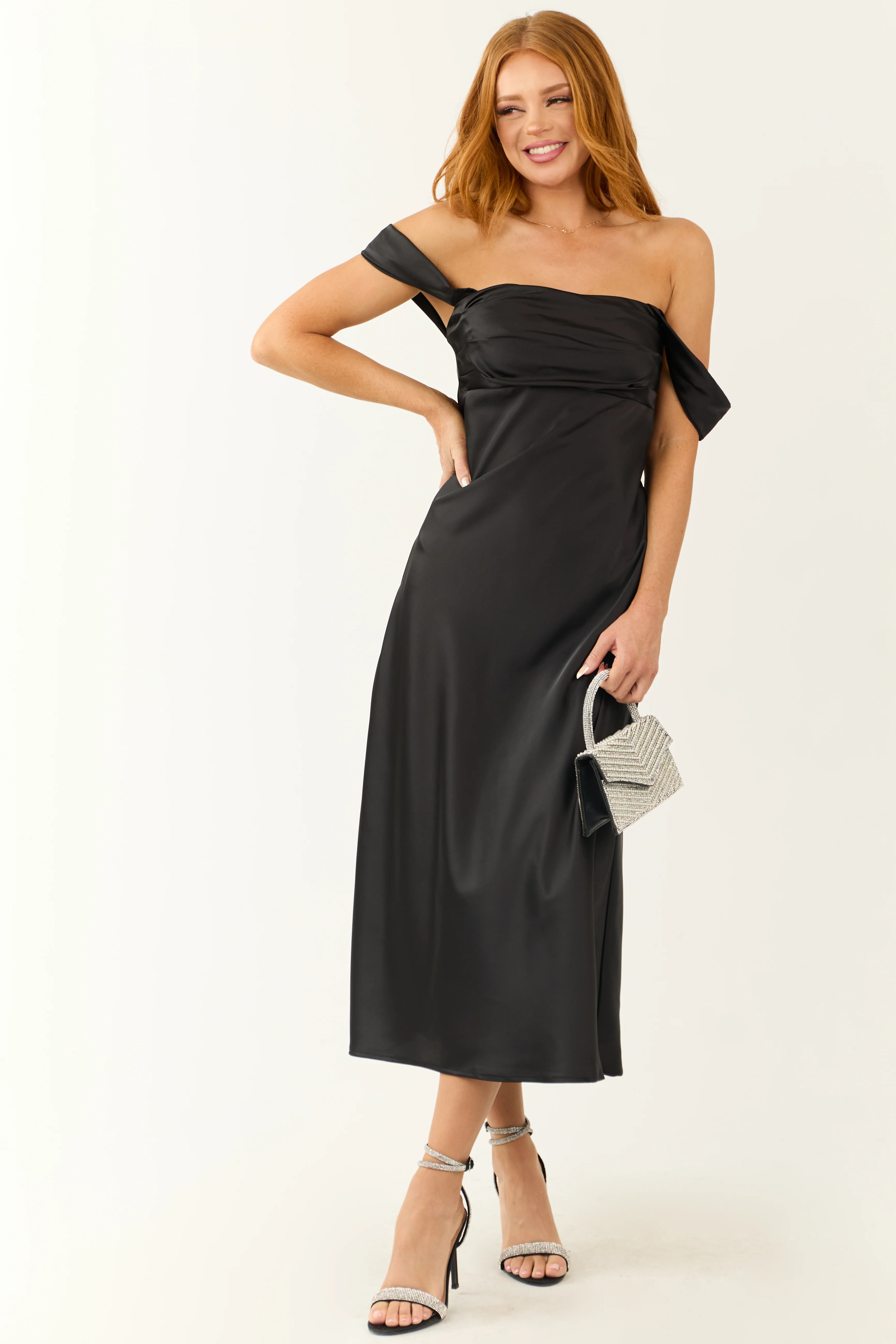 Black Off the Shoulder Satin Ruched Midi Dress - Image 4