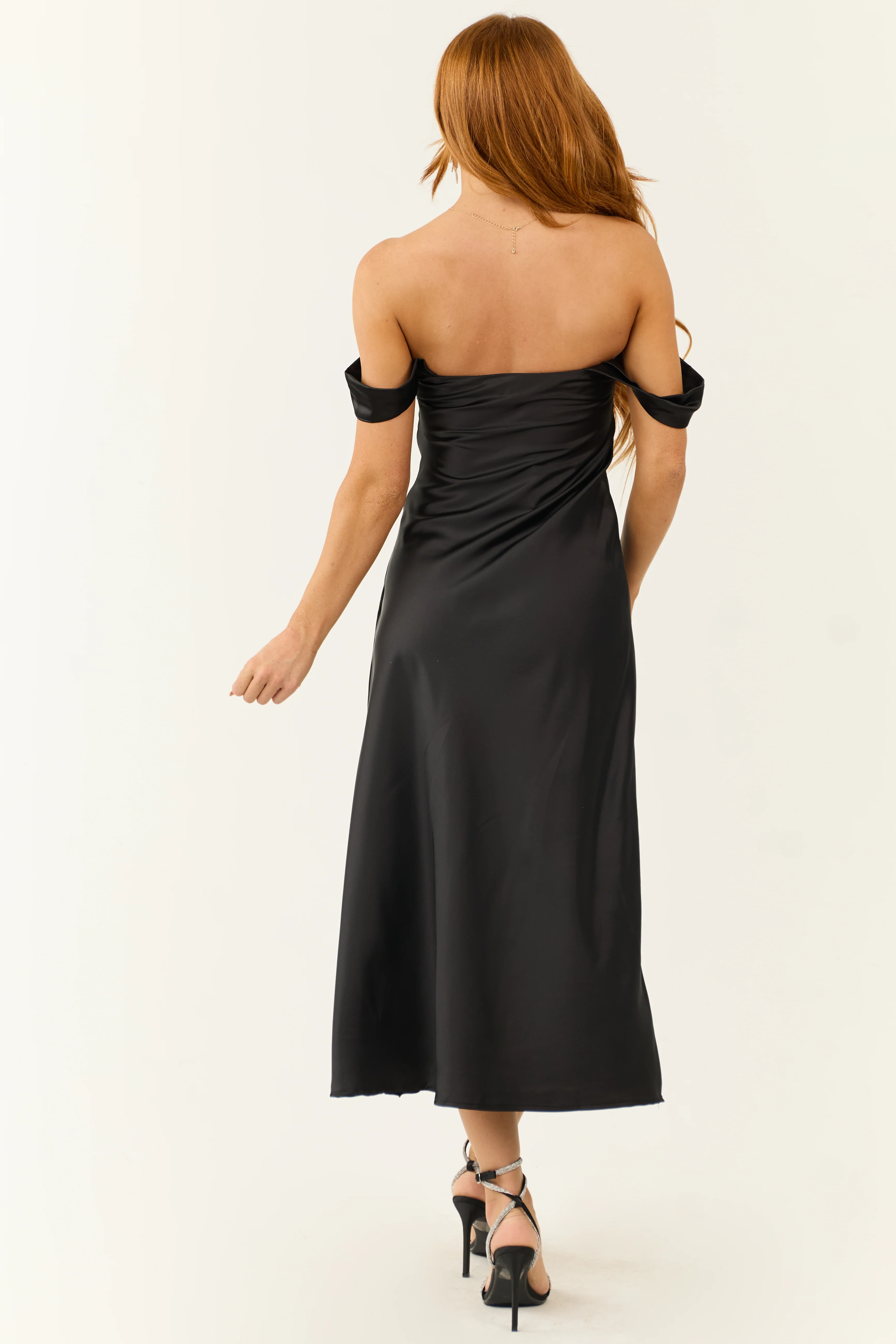 Black Off the Shoulder Satin Ruched Midi Dress - Image 6