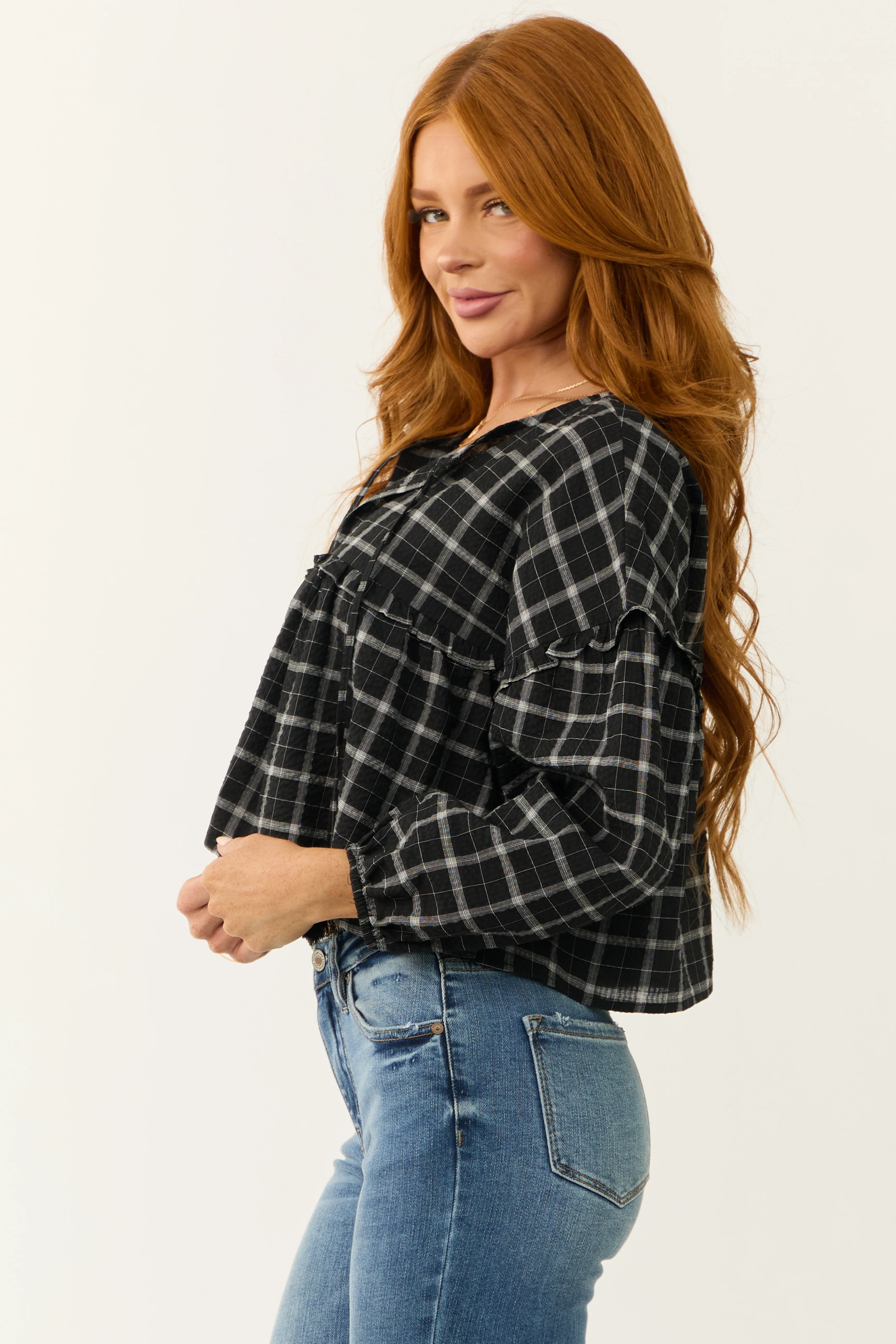 Black and Off White Plaid Long Sleeve Top - Image 5