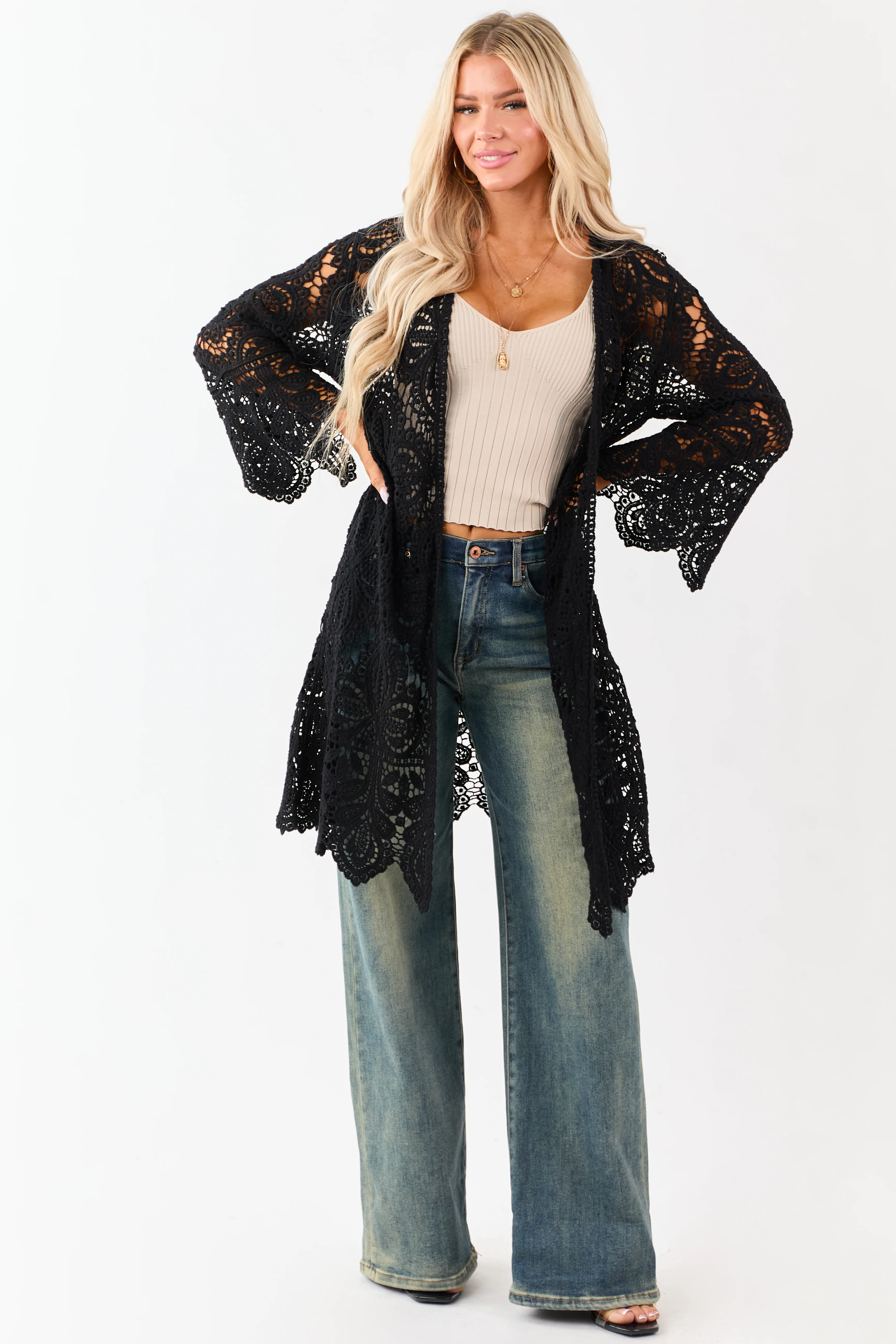Black Open Crochet Bell Sleeve Cotton Duster Cardigan - Image 4