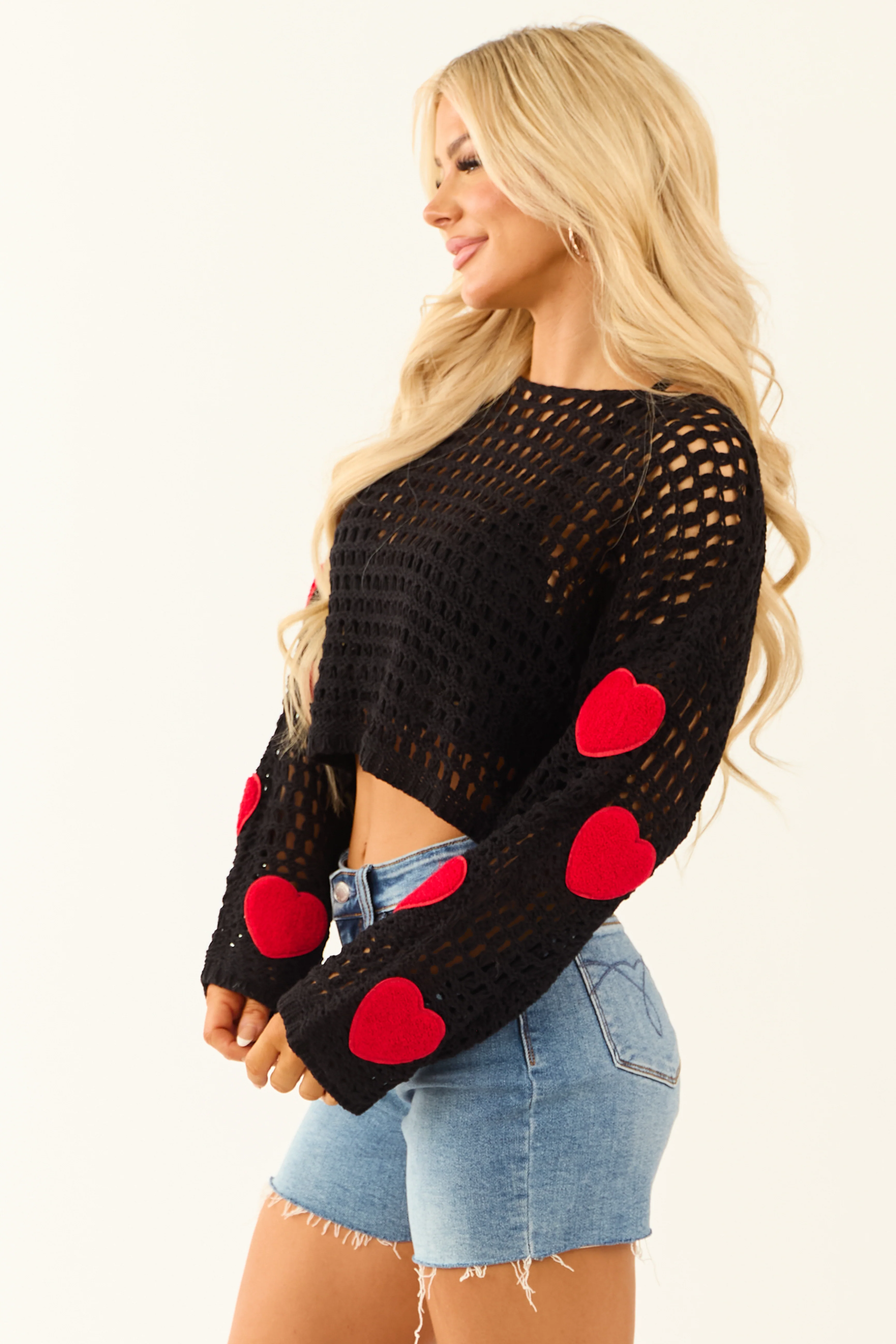 Black Open Crochet Knit Heart Patch Sleeve Sweater - Image 5