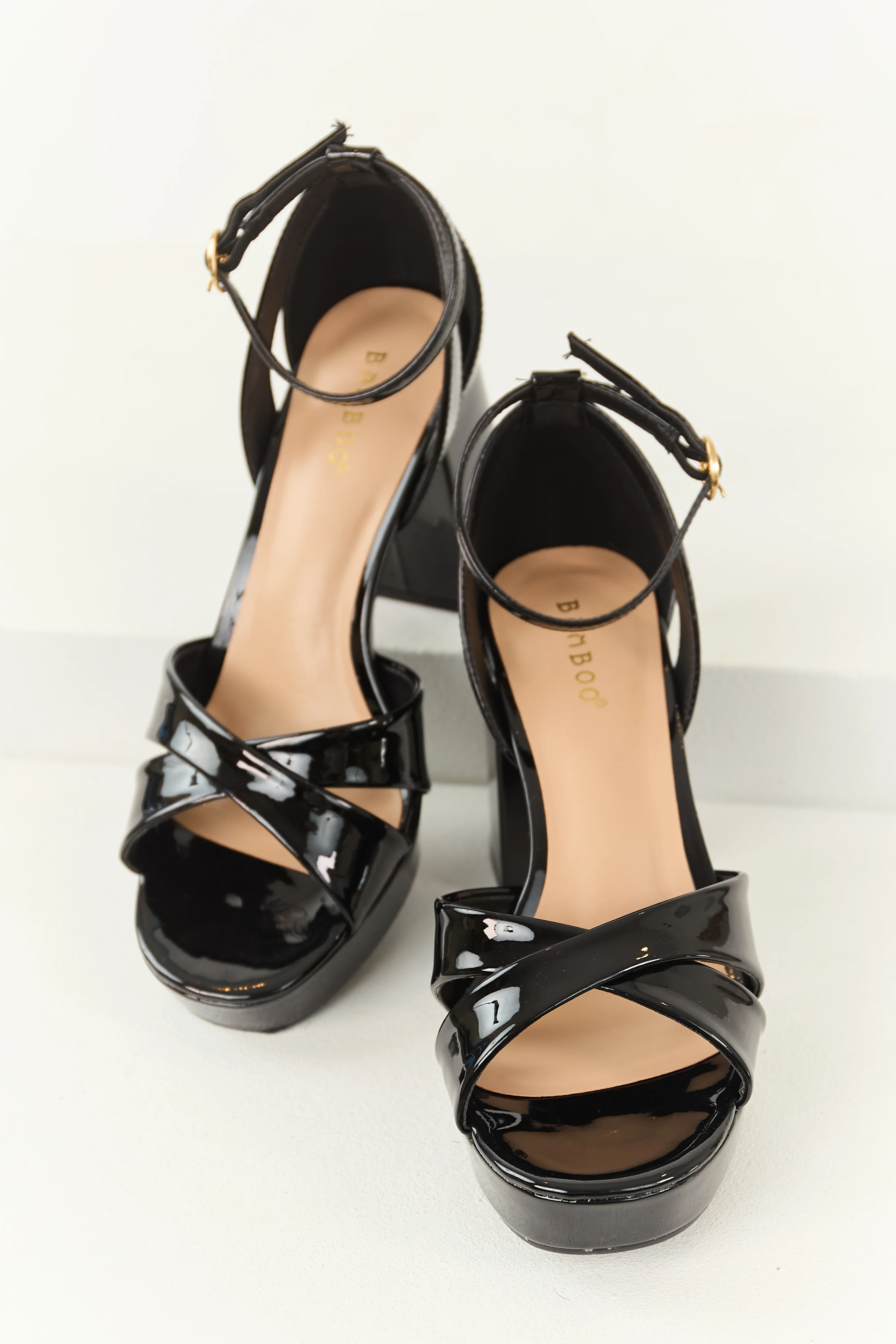 Black Open Toe Strappy Platform Block Heels - Image 2