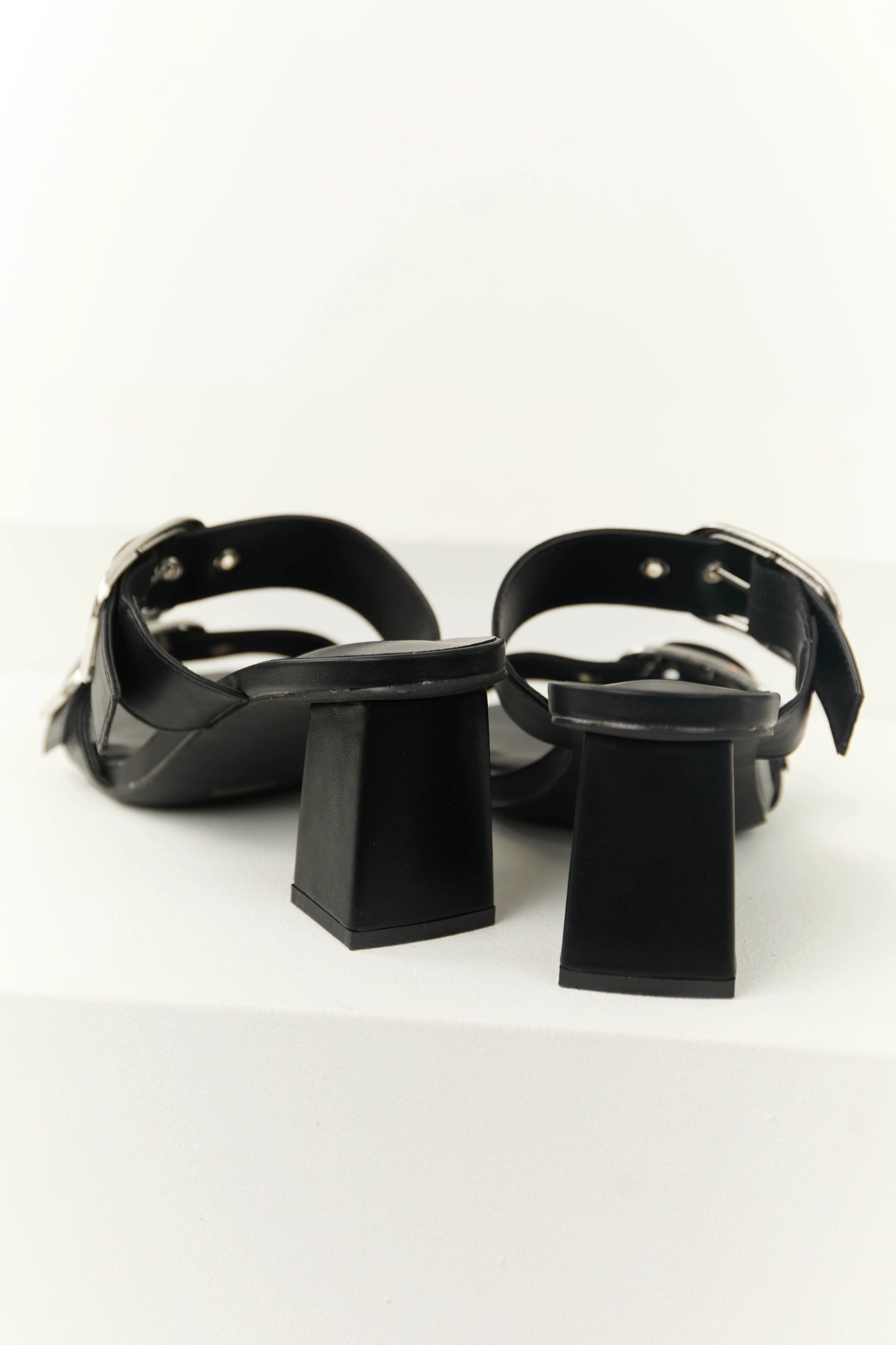 Black Open Toed Double Buckle Strap Heels - Image 3
