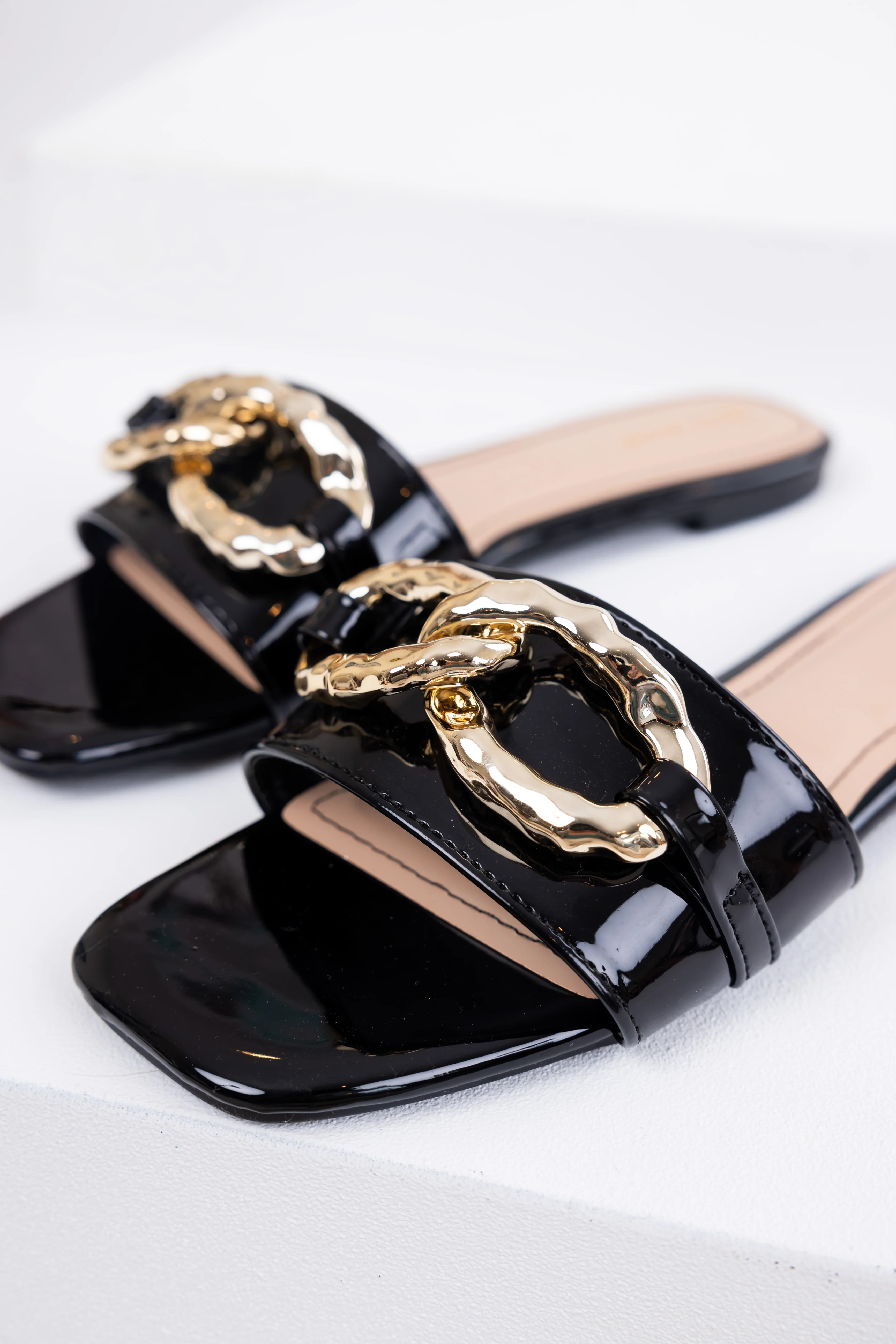 Black Patent Leather Link Chain Flat Sandals - Image 3