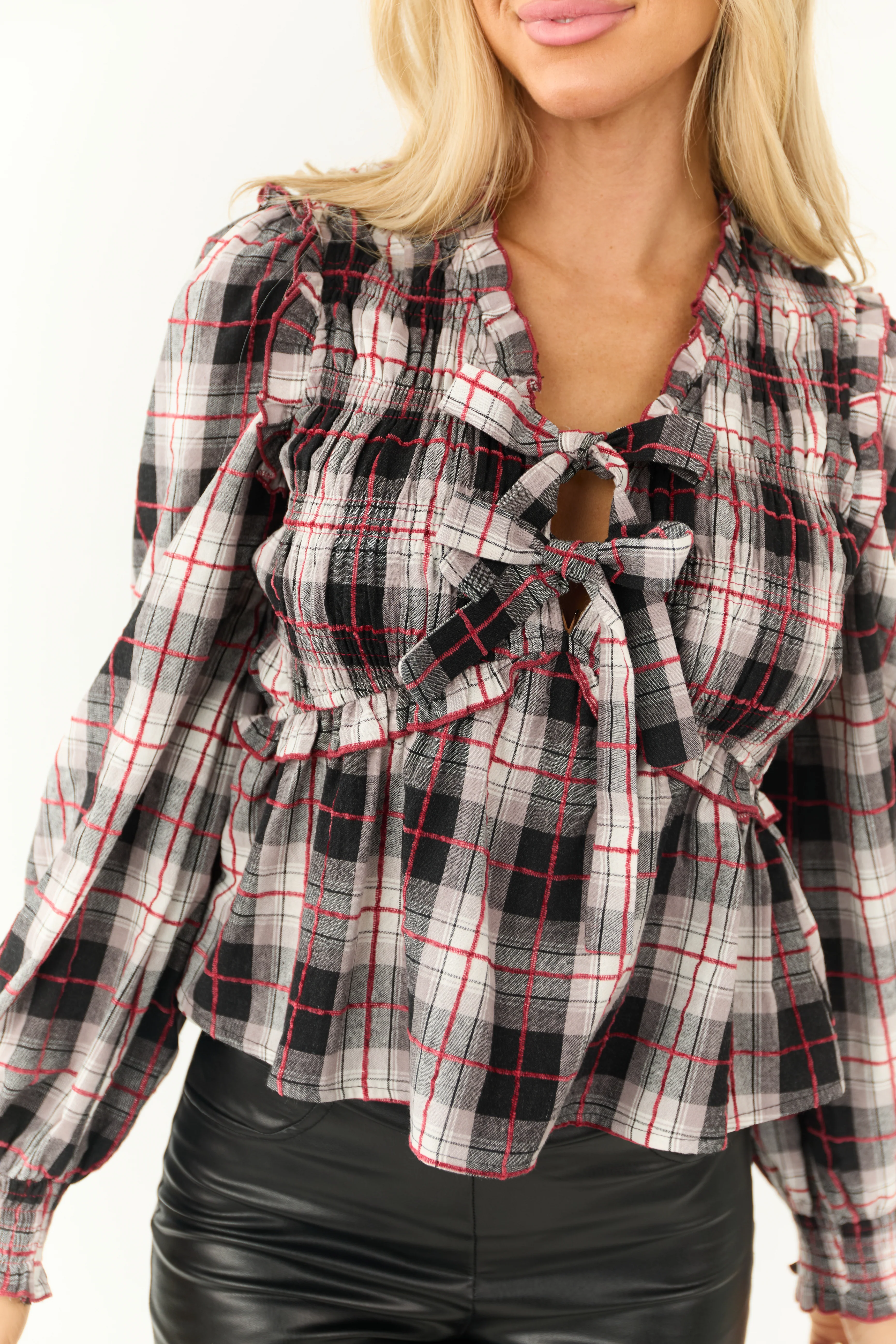Black Plaid Front Bow Tie Long Sleeve Blouse - Image 6