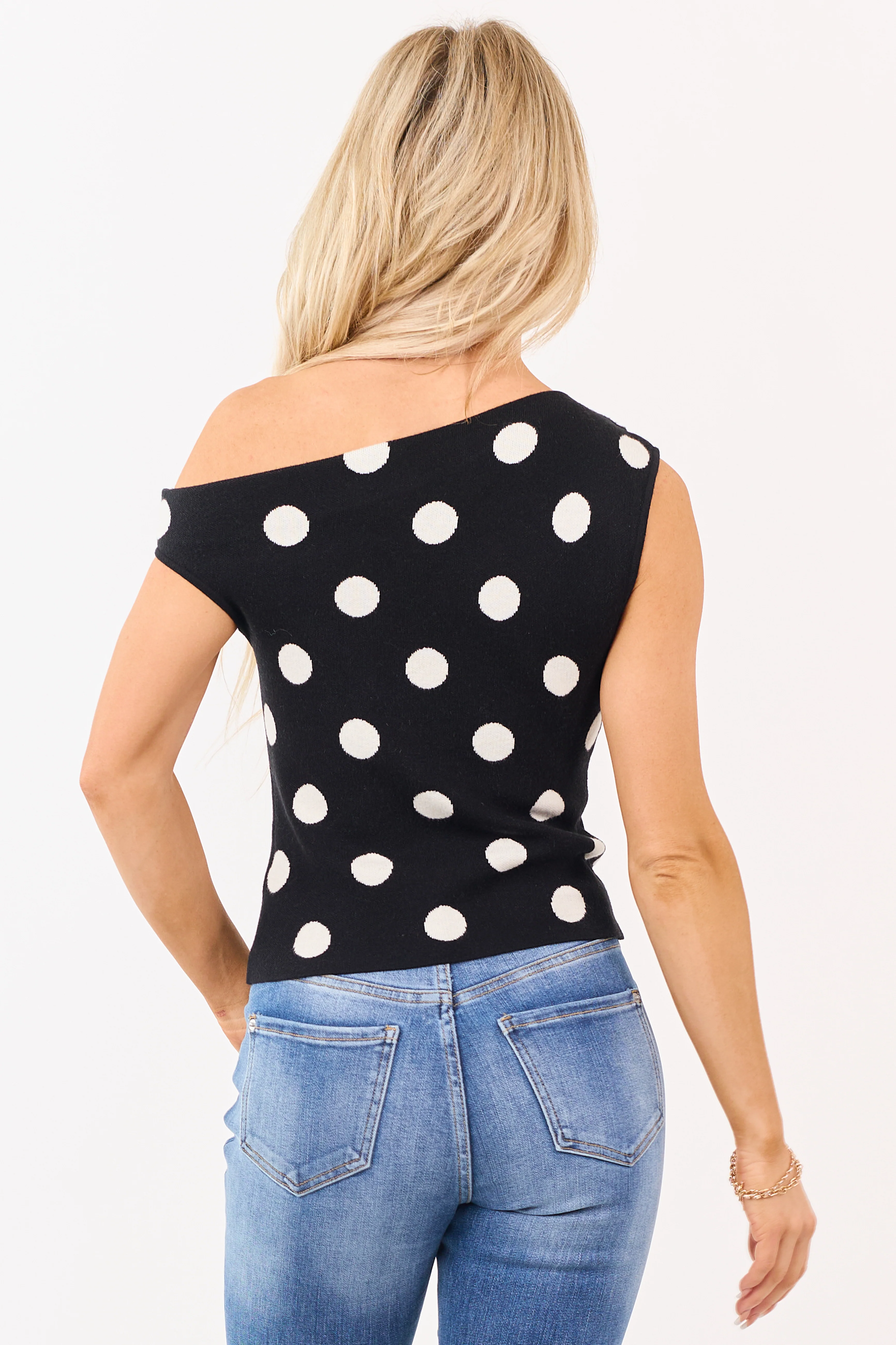 Black Polka Dot Asymmetrical One Shoulder Top - Image 6