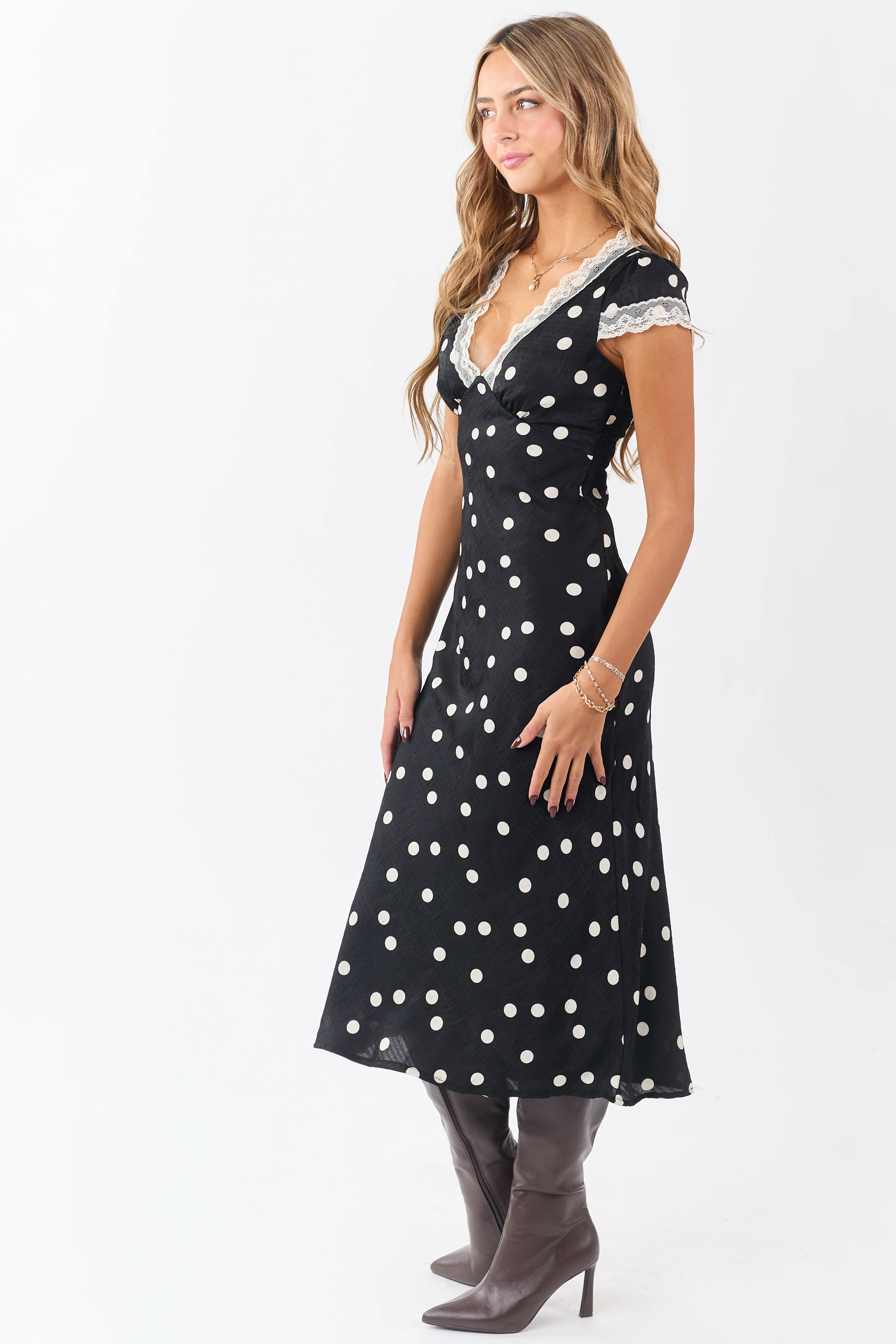 Black Polka Dot Lace Trim V-Neck Maxi Dress - Image 6