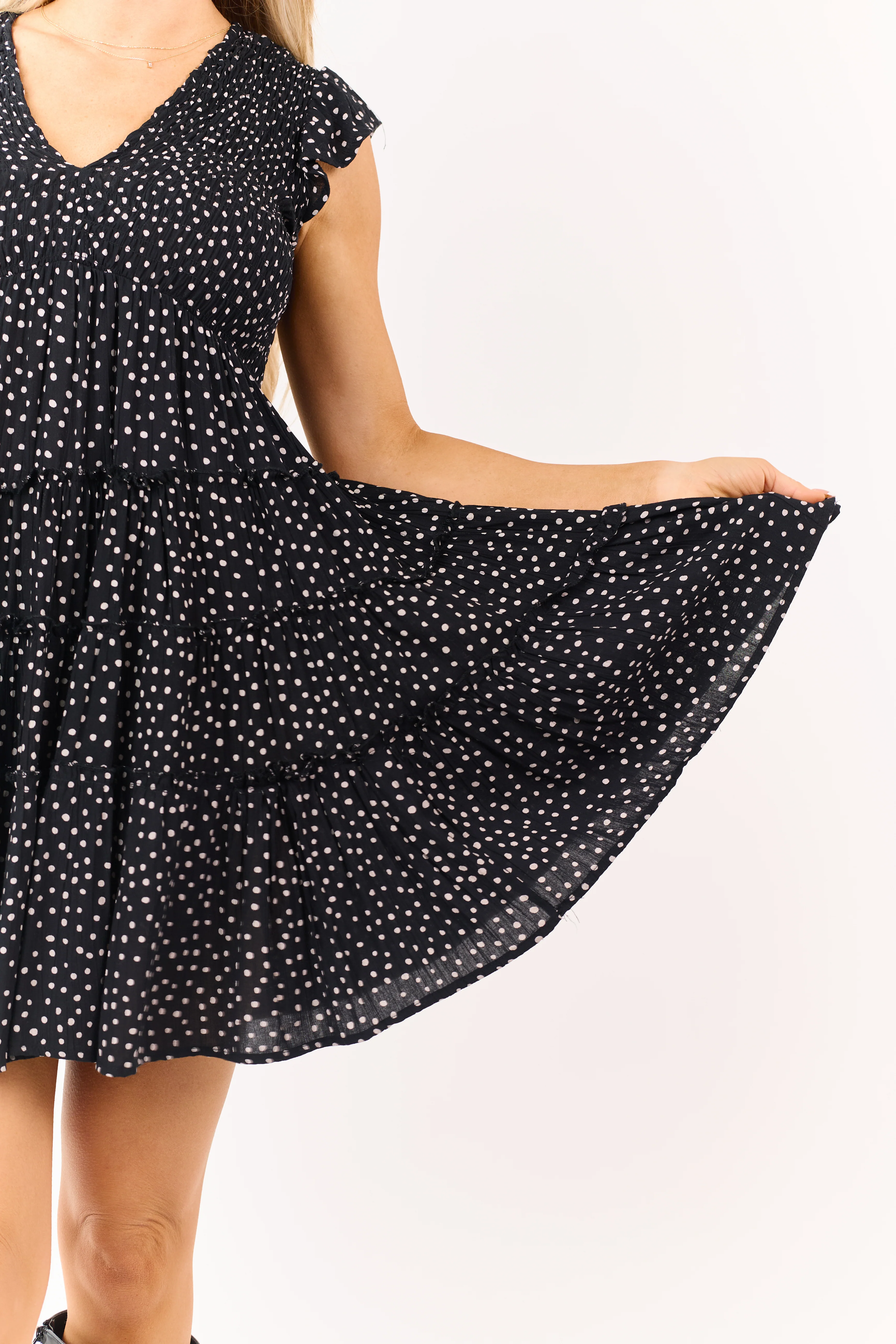 Black Polka Dot Short Sleeve Ruffle Trim Mini Dress - Image 7