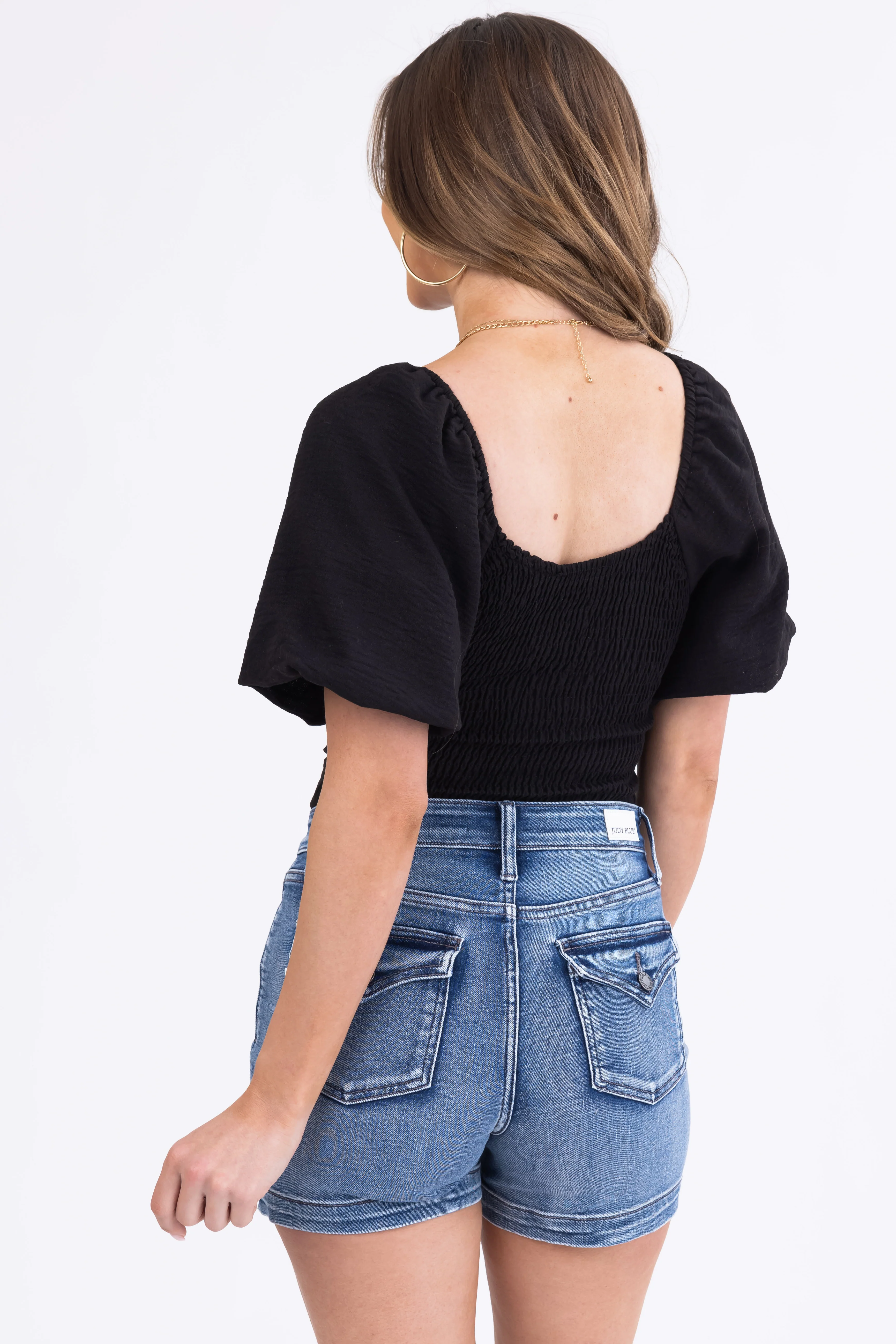 Black Puff Sleeve Ruched Linen Bodysuit - Image 7