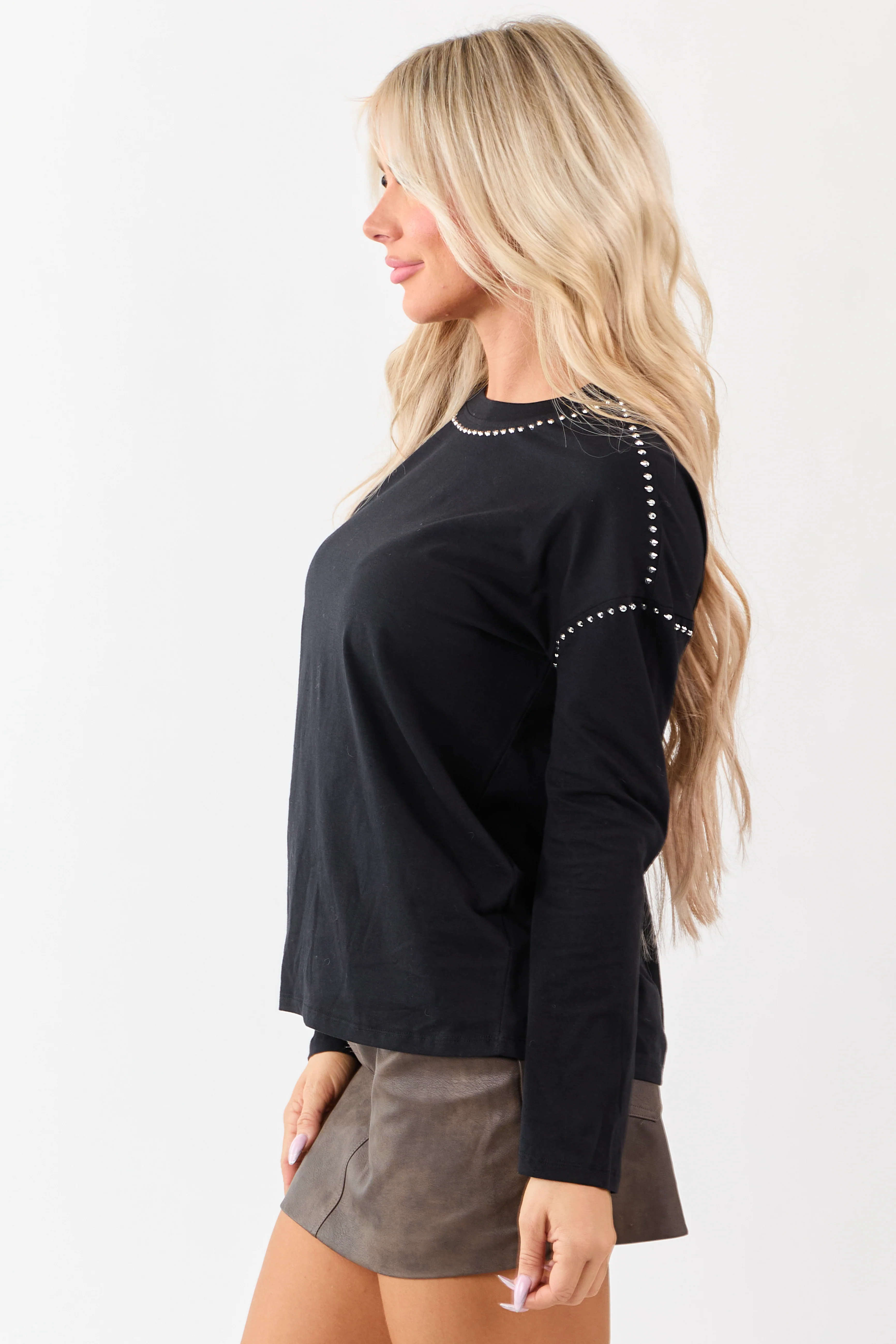 Black Rhinestone Stud Detail Knit Long Sleeve Top - Image 5