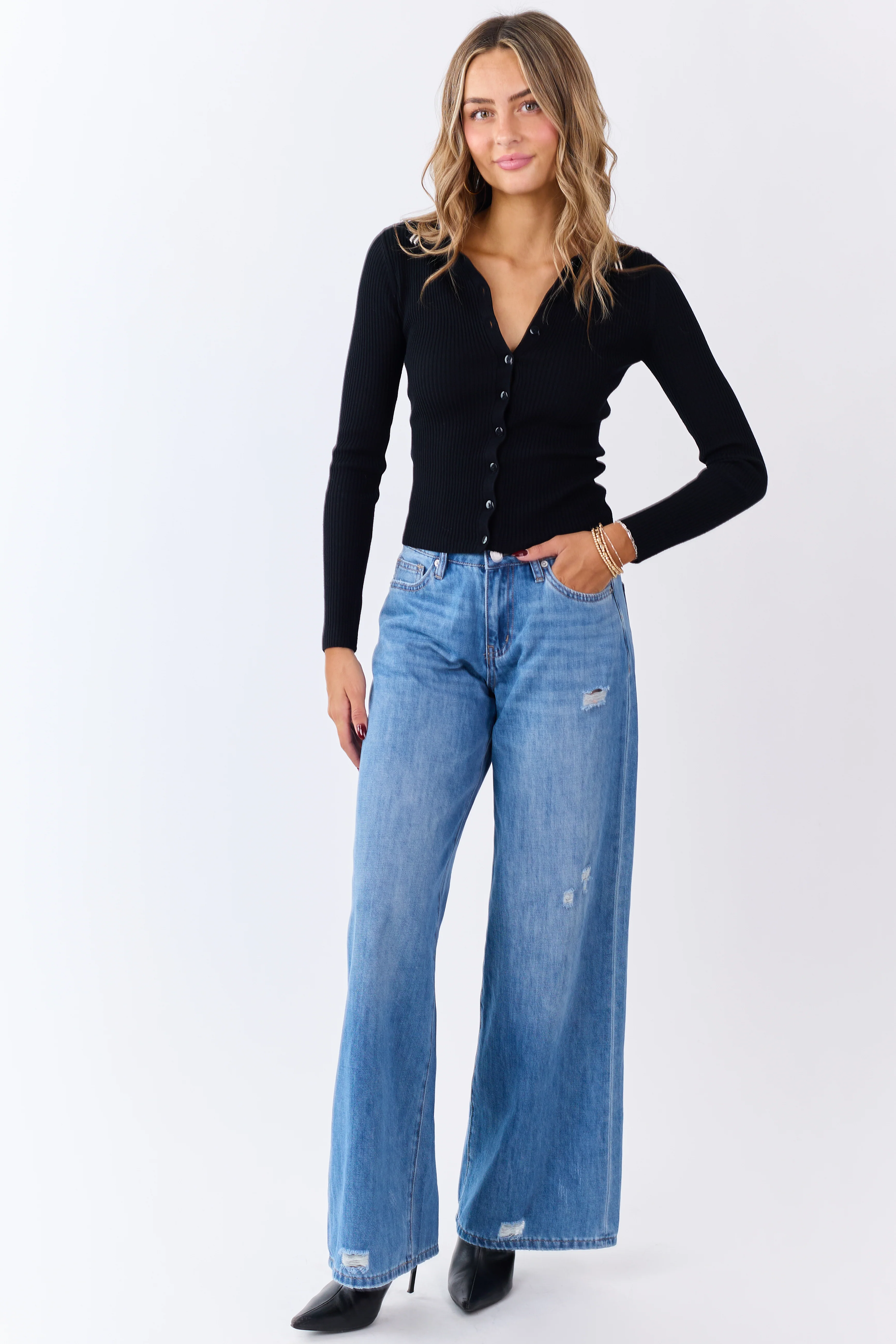 Black Rib Knit Collared Button Down Long Sleeve Top - Image 2