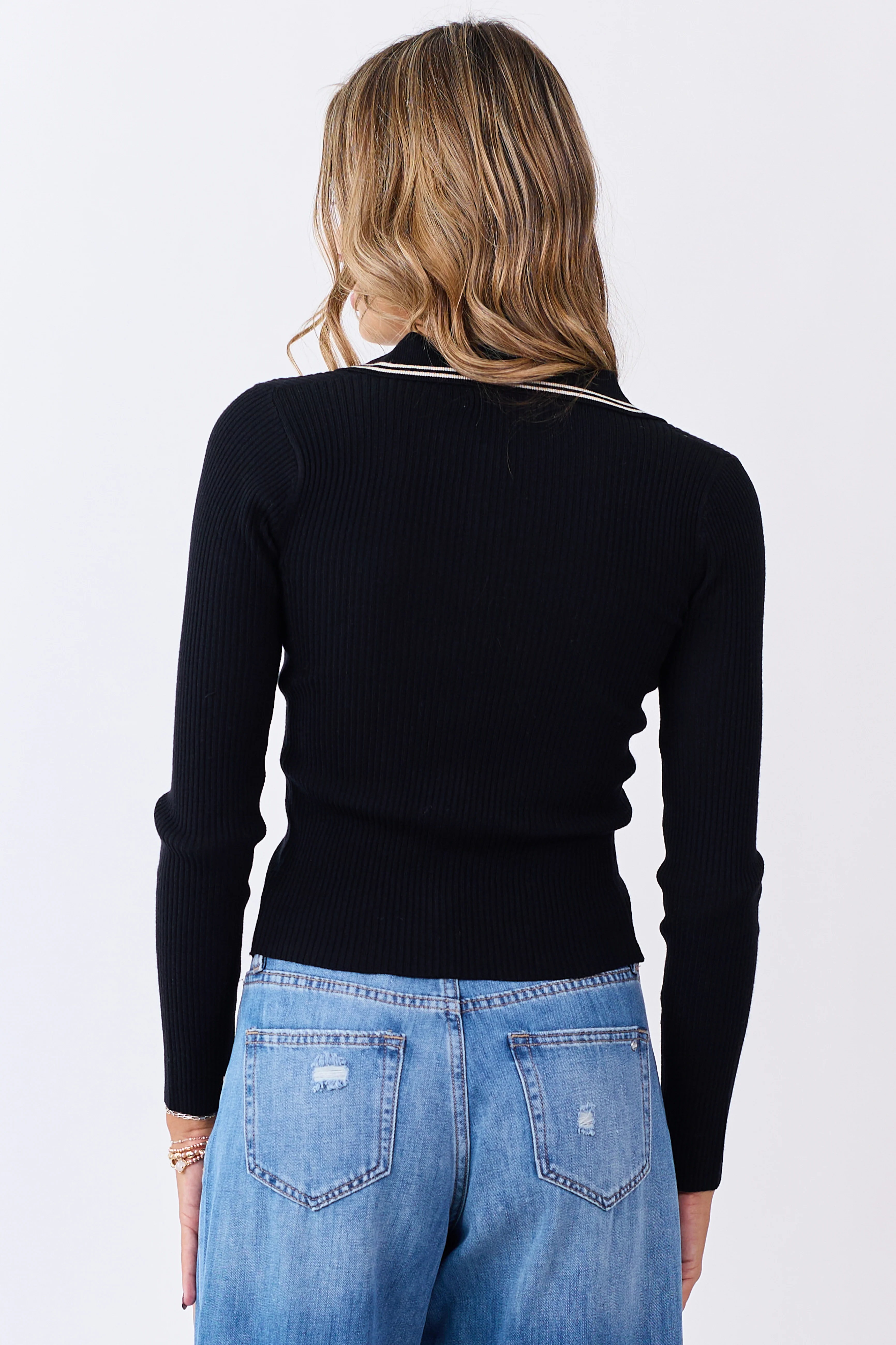Black Rib Knit Collared Button Down Long Sleeve Top - Image 5