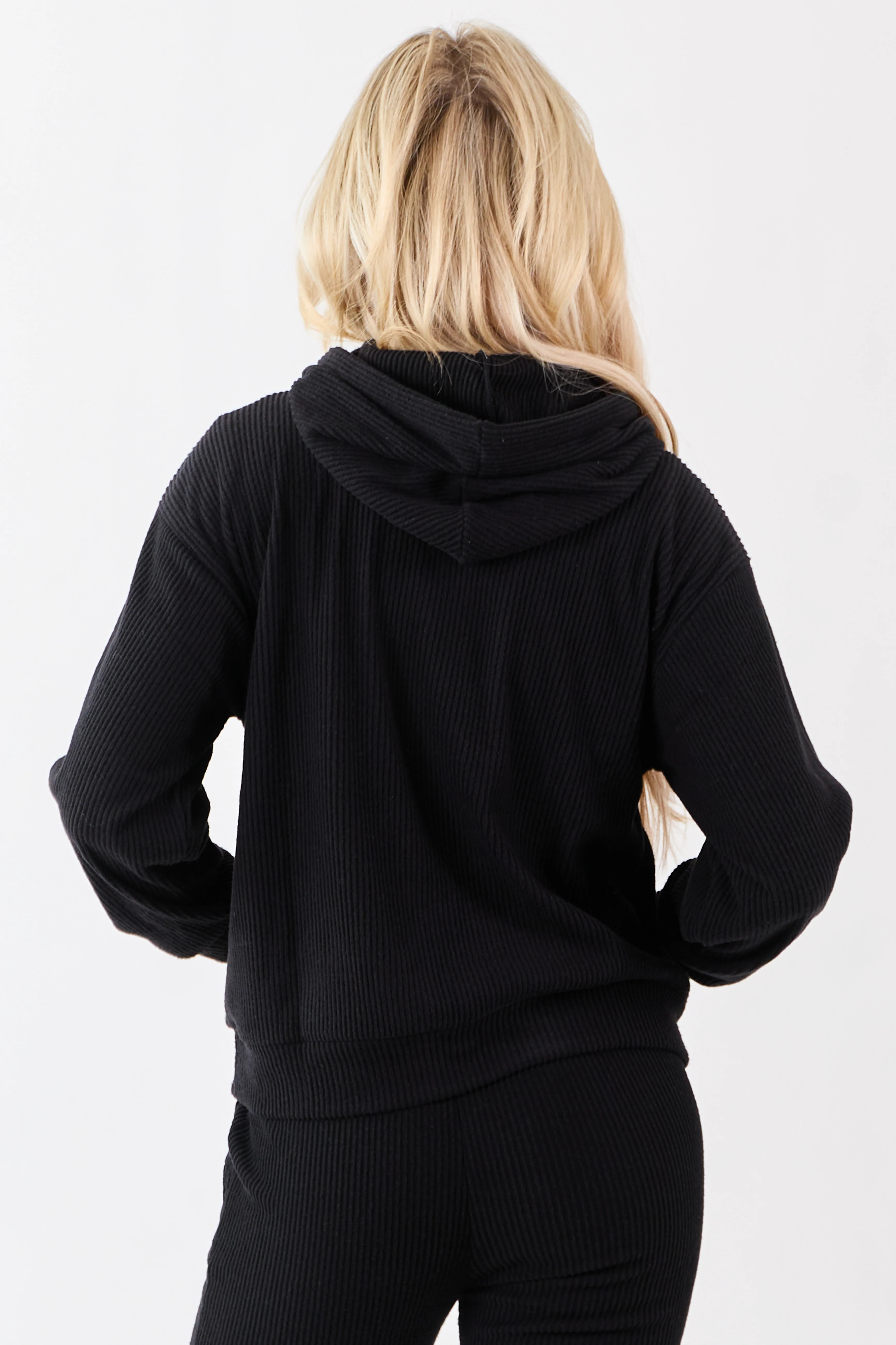 Black Rib Knit Drawstring Hooded Sweatshirt - Image 6