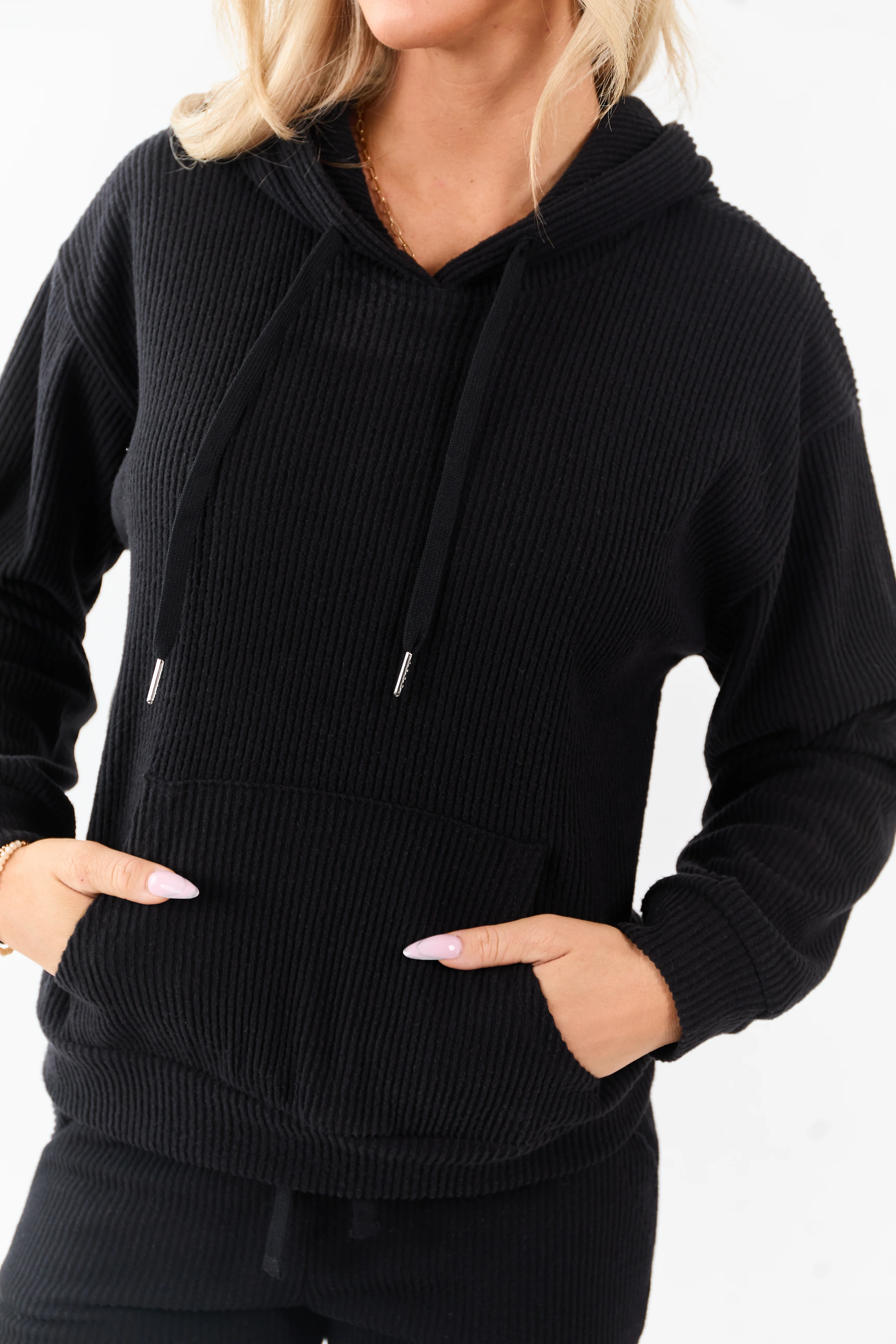 Black Rib Knit Drawstring Hooded Sweatshirt - Image 7
