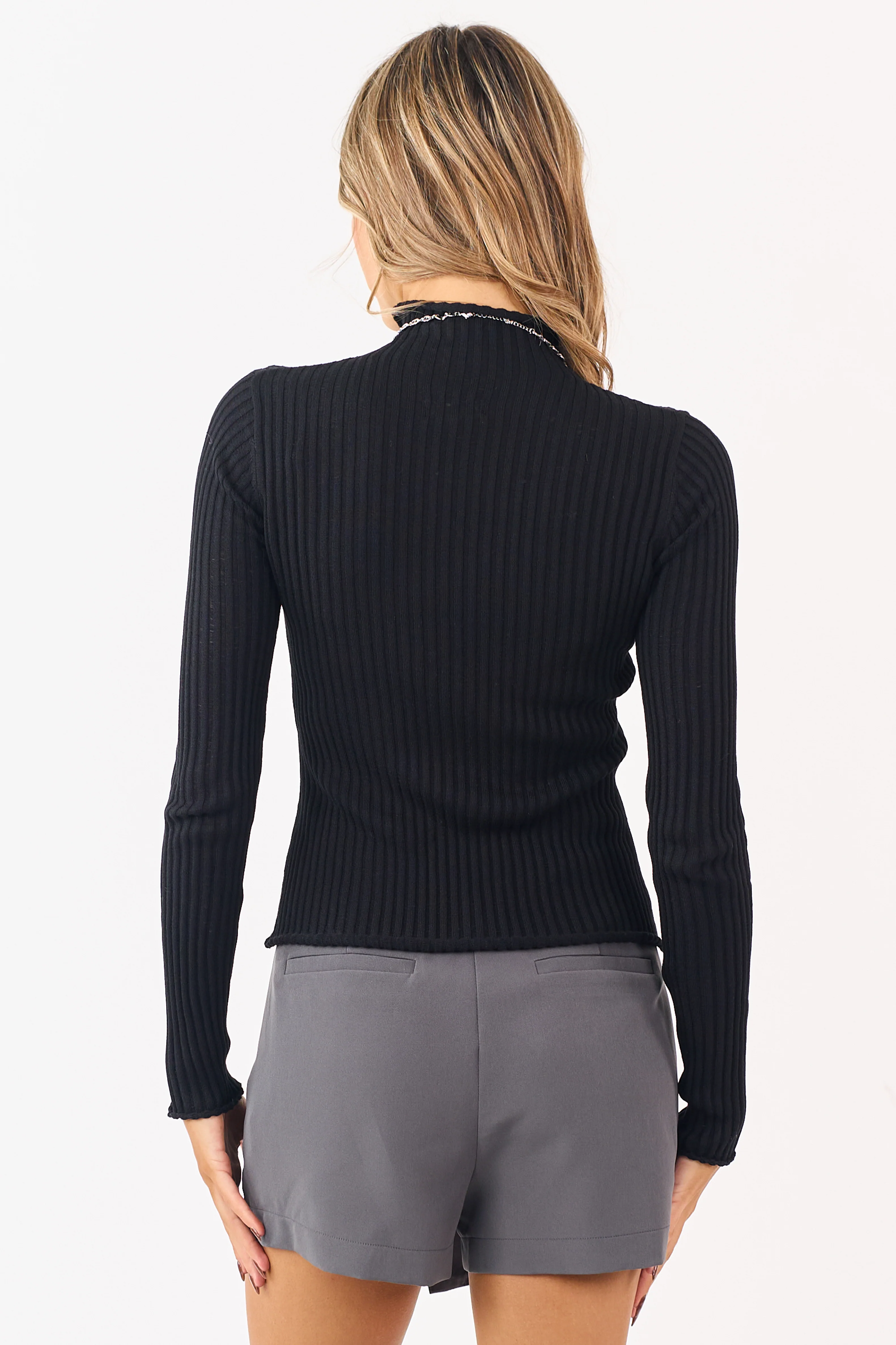 Black Rib Knit High Neck Long Sleeve Fitted Top - Image 4