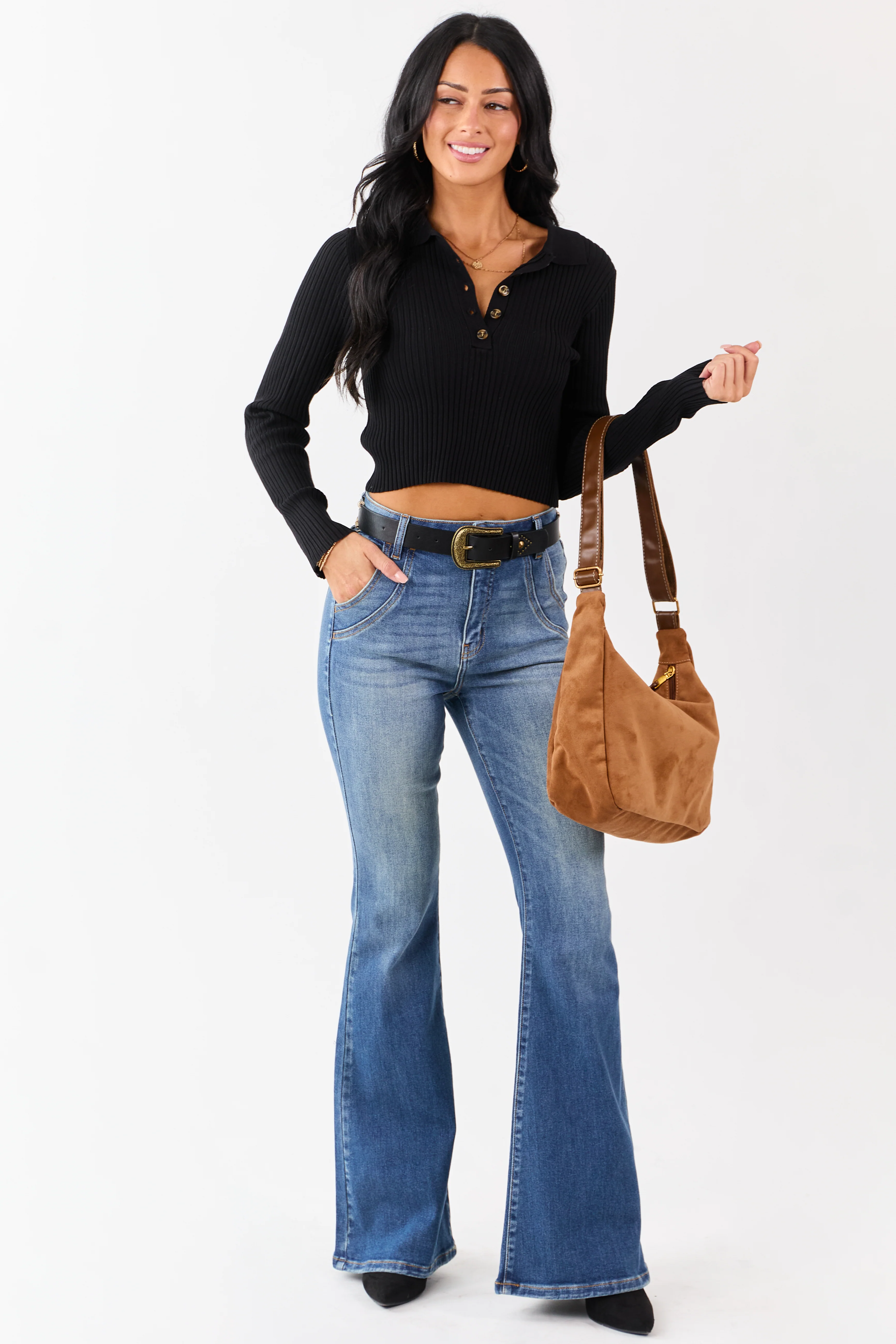 Black Rib Knit Polo Style Cropped Sweater - Image 2