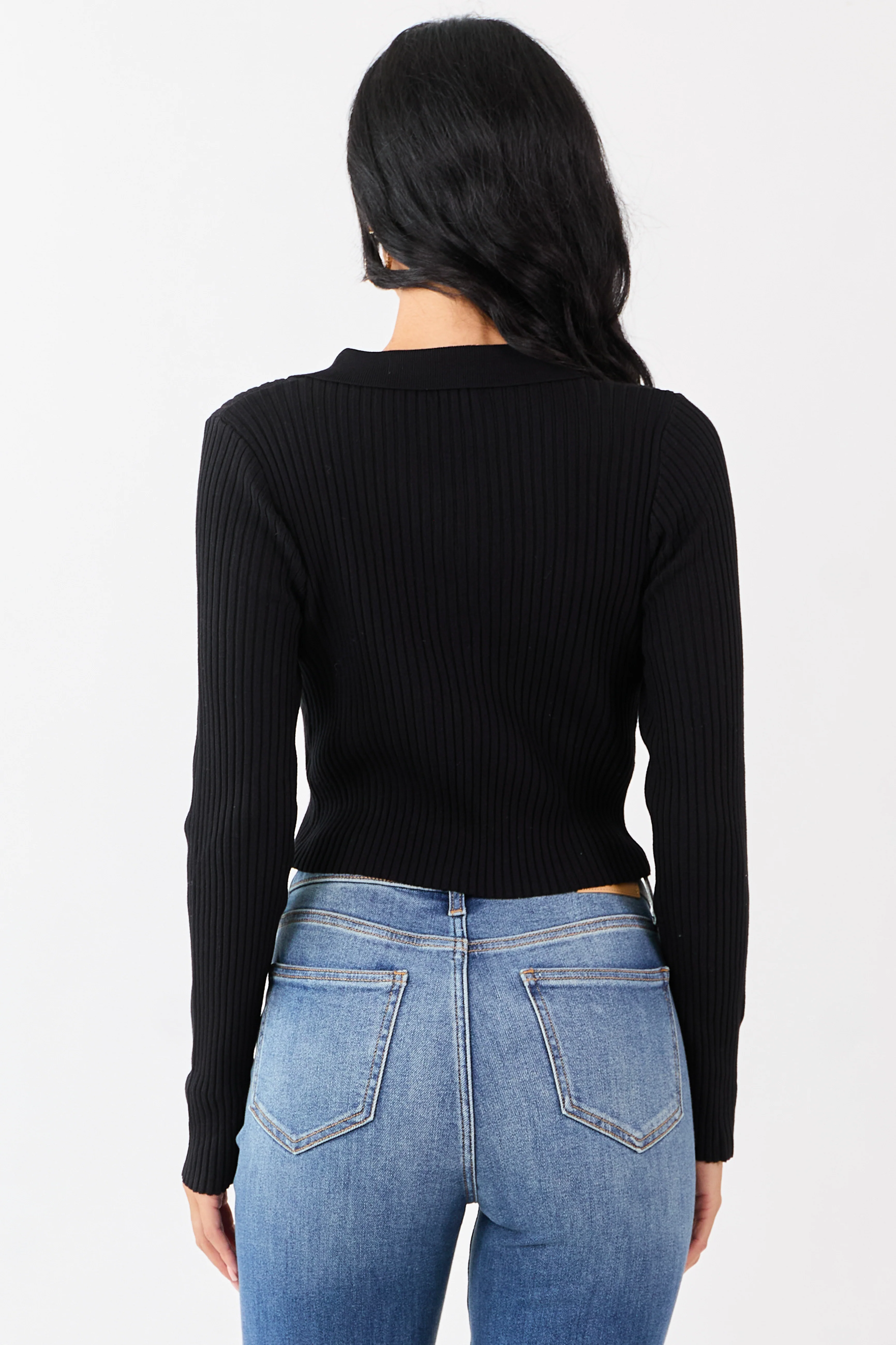 Black Rib Knit Polo Style Cropped Sweater - Image 4