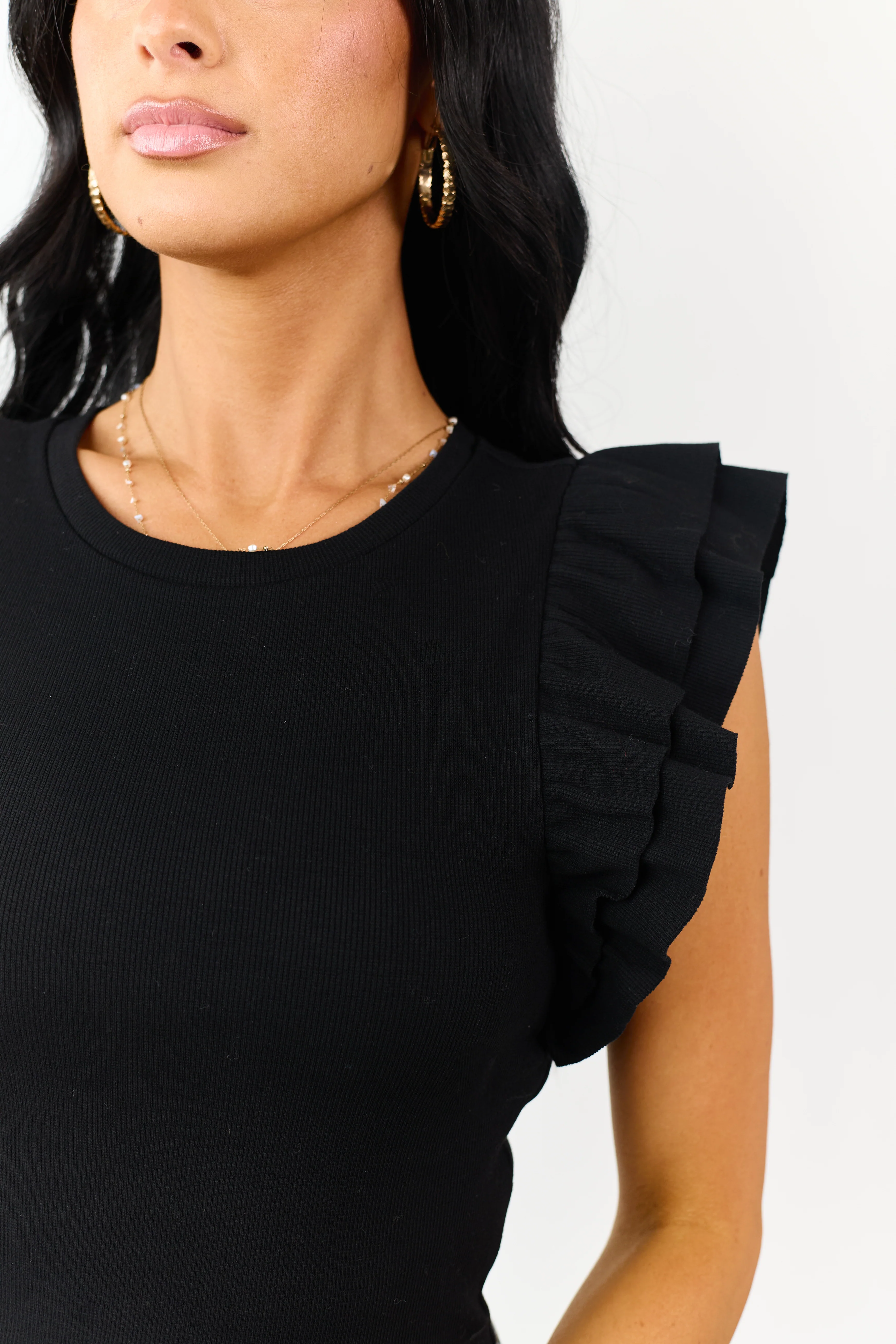 Black Rib Knit Ruffle Cap Sleeve Crop Top - Image 6
