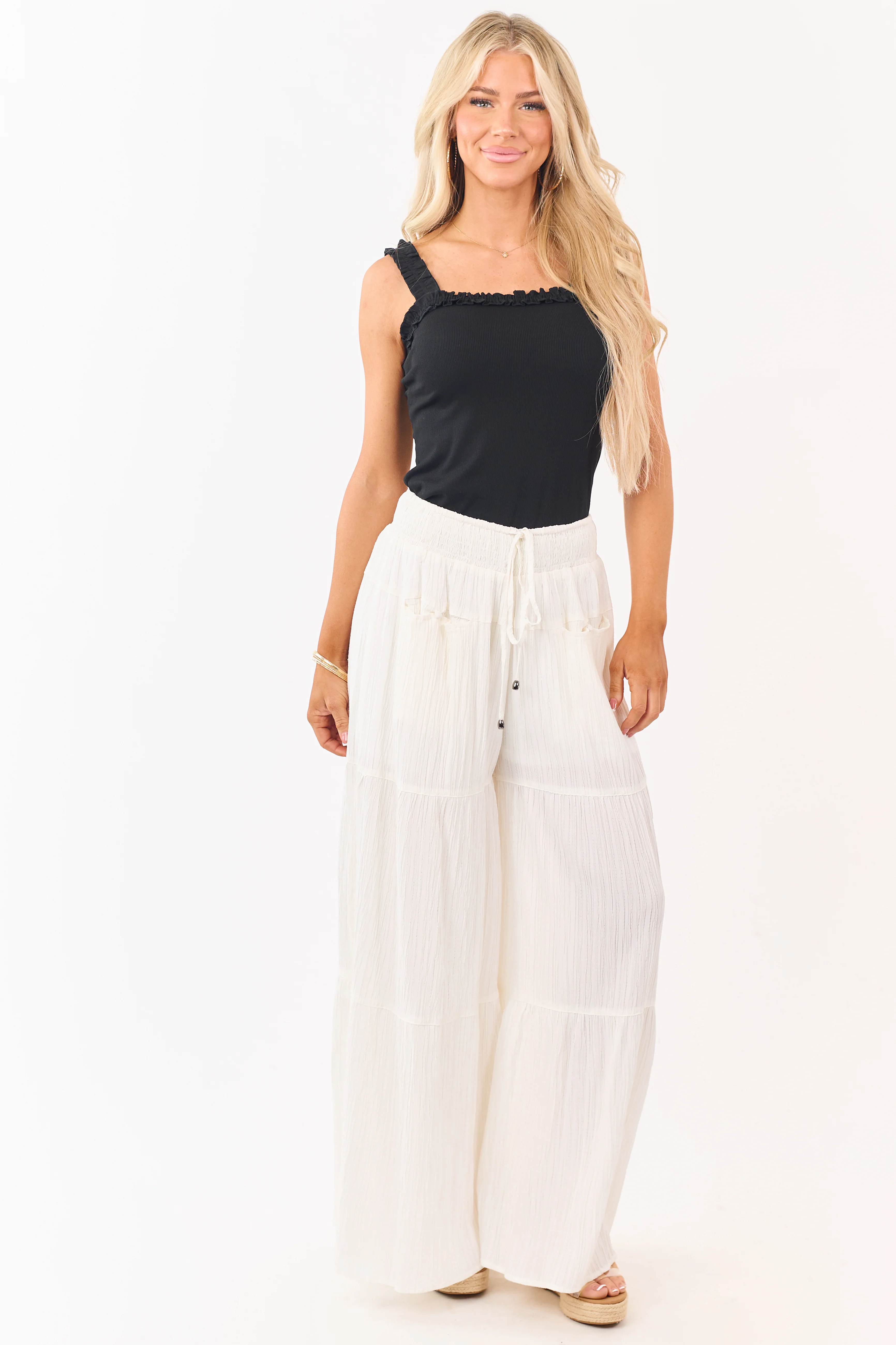 Black Rib Knit Ruffle Trim Elastic Strap Tank Top - Image 2