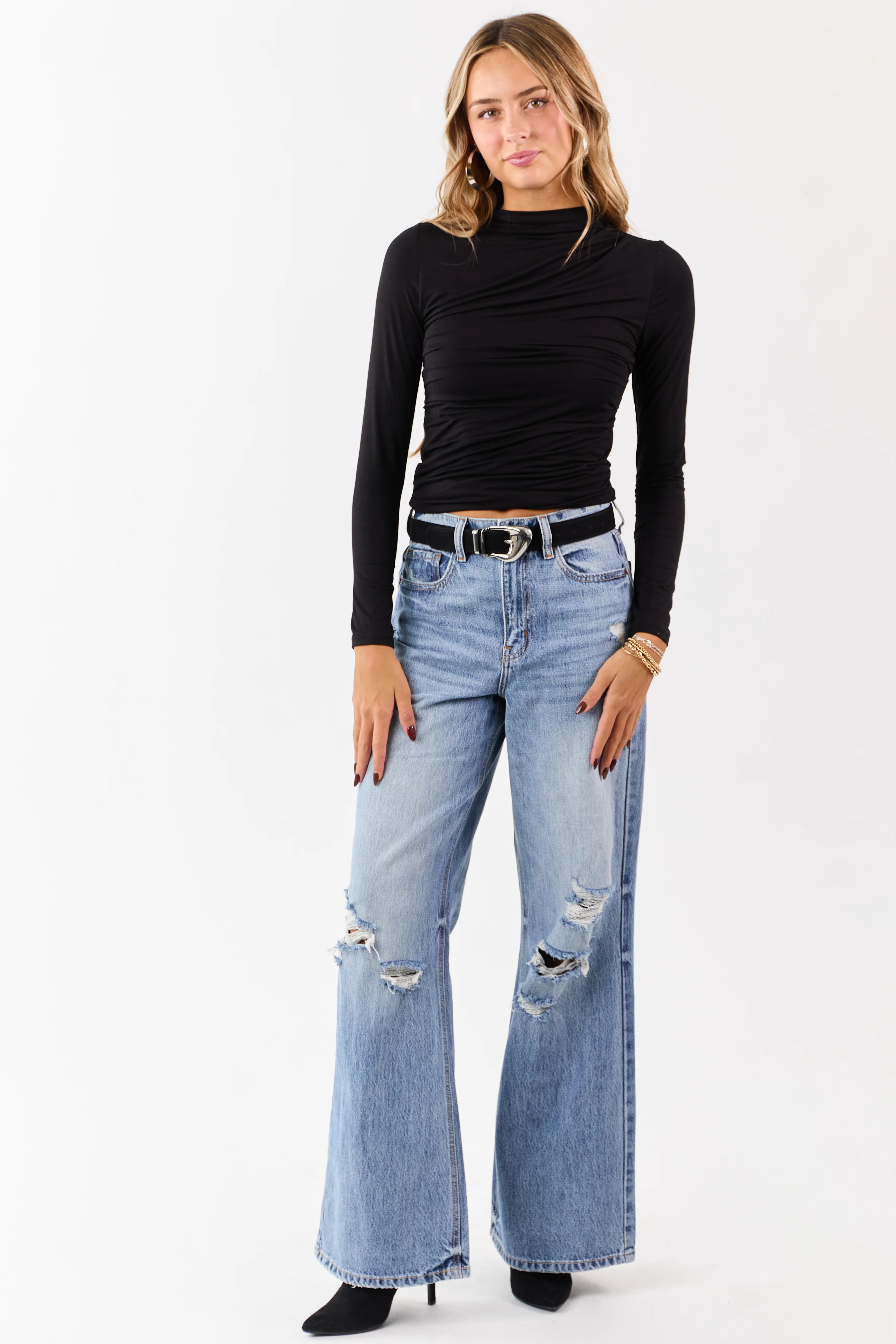 Black Ruched High Neck Double Layer Top - Image 3