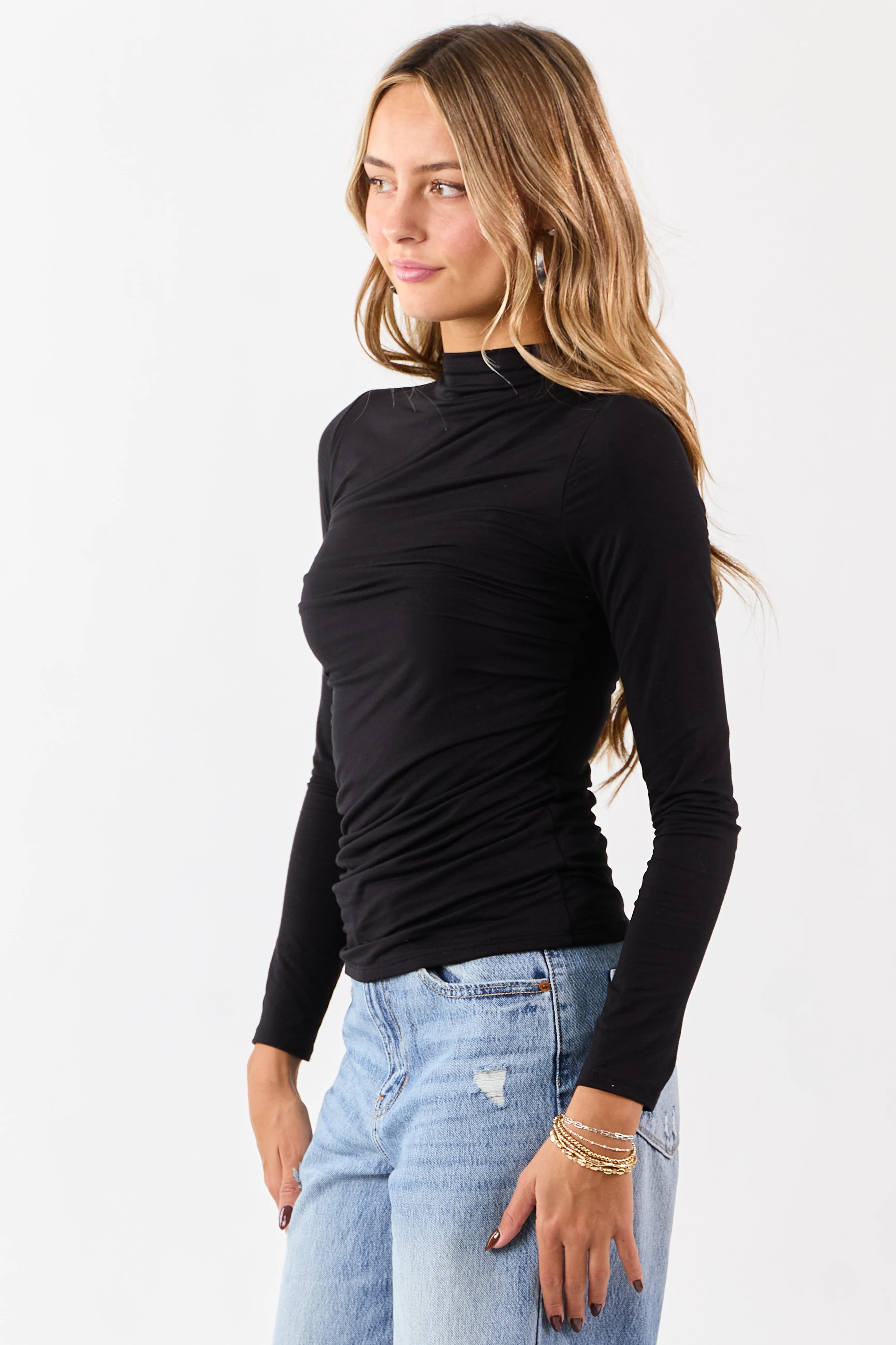 Black Ruched High Neck Double Layer Top - Image 5
