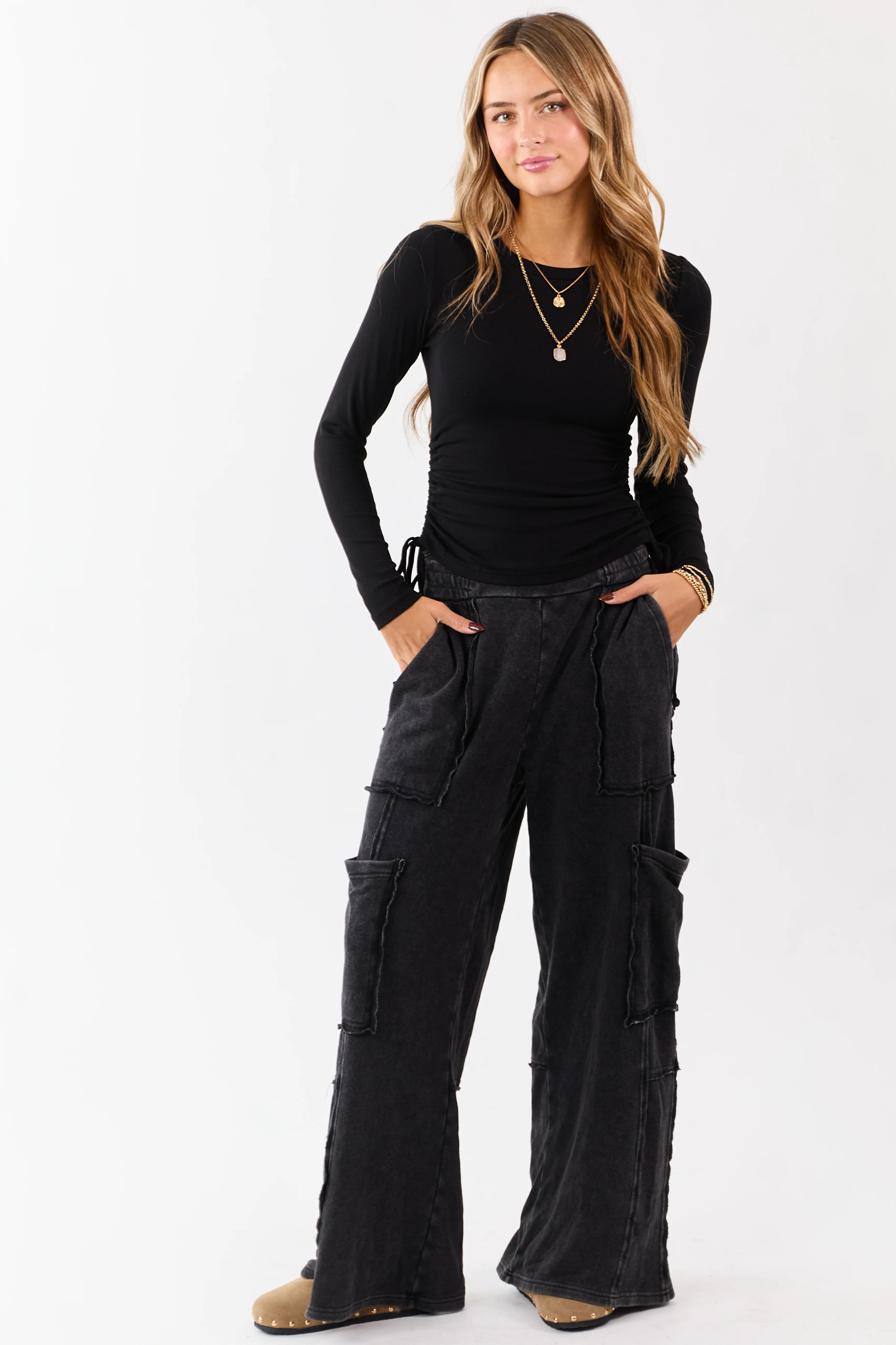 Black Ruched Side Tie Long Sleeve Knit Top - Image 2
