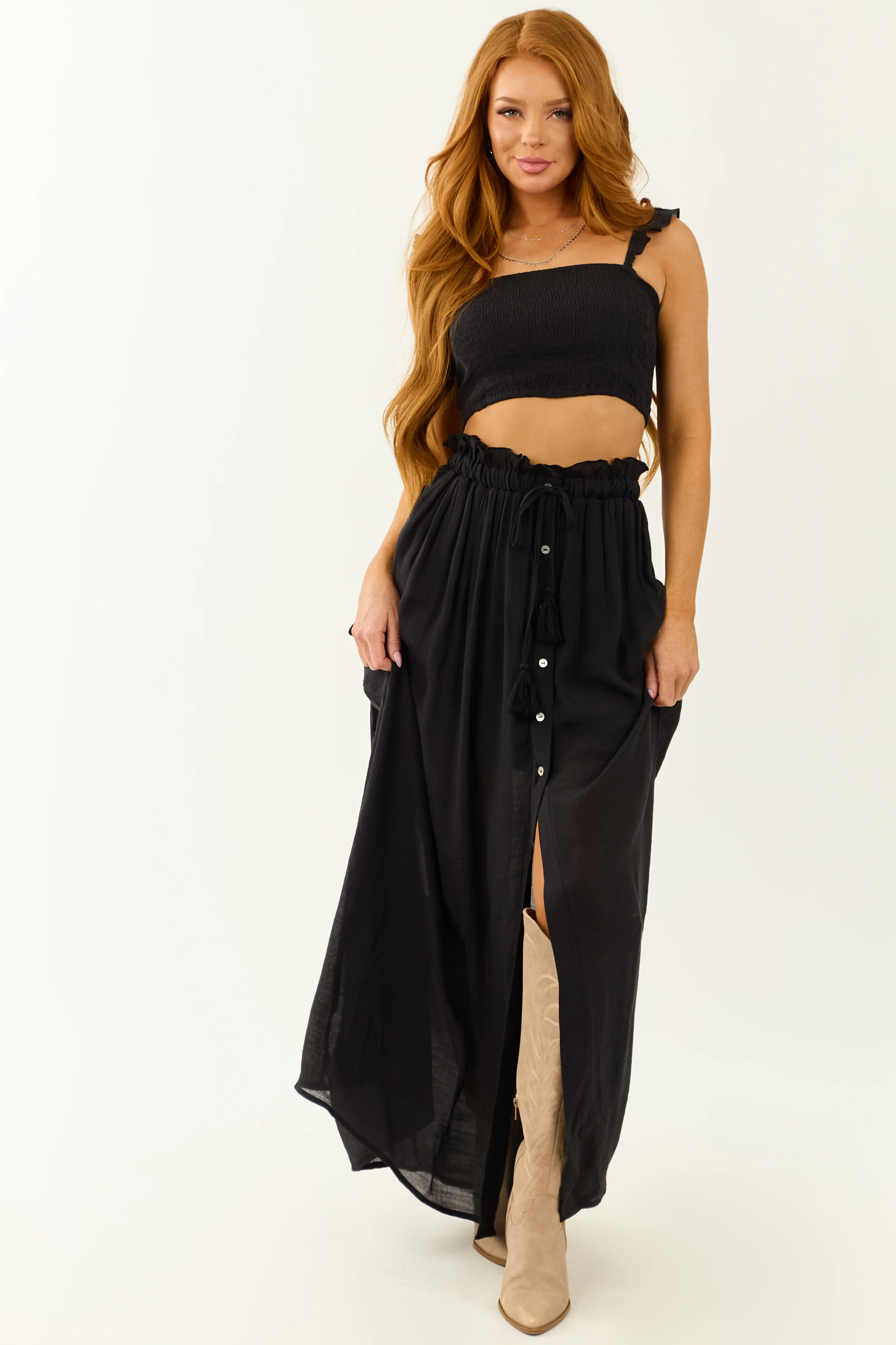 Black Ruffle Strap Crop Top and Maxi Skirt Set