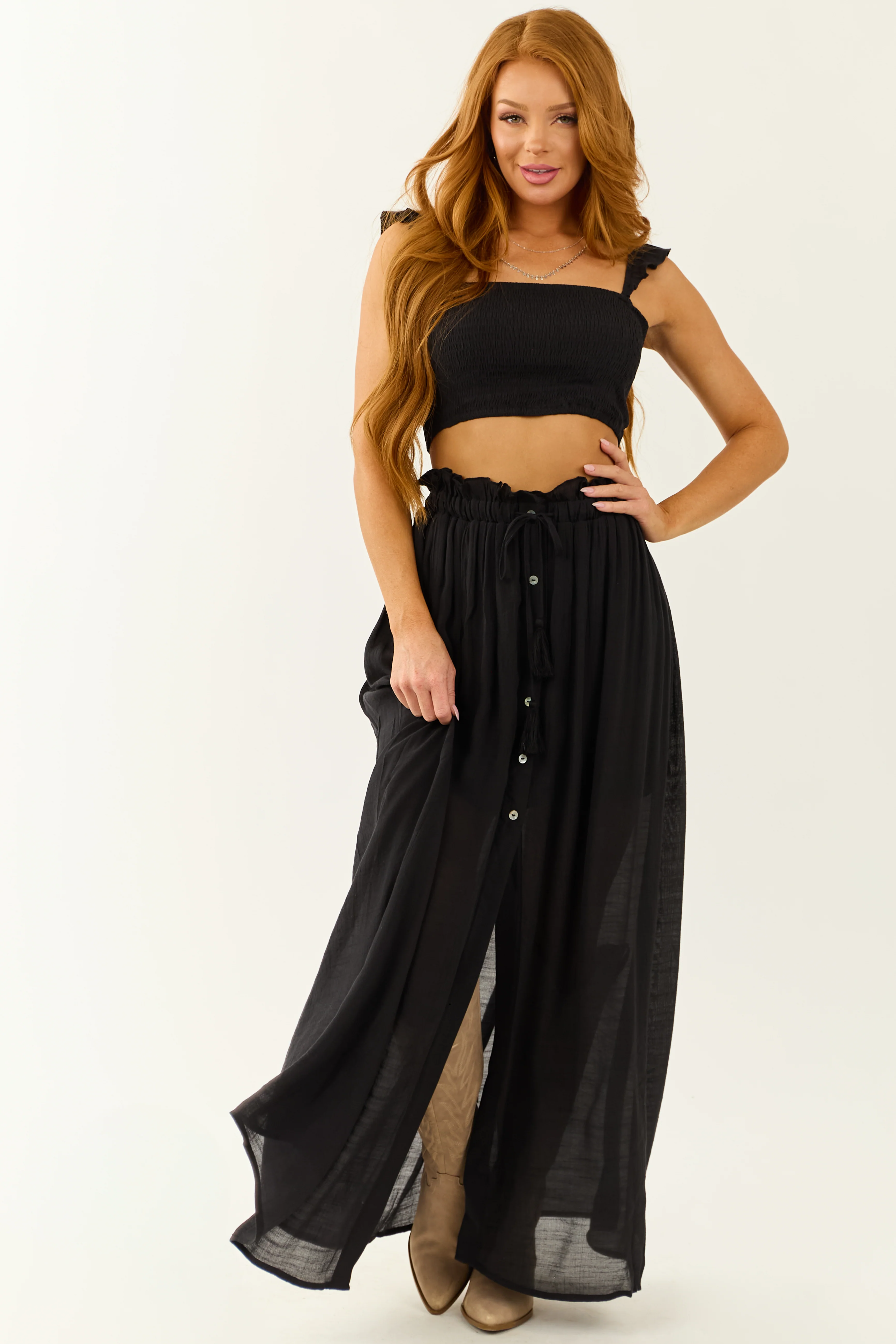 Black Ruffle Strap Crop Top and Maxi Skirt Set - Image 5