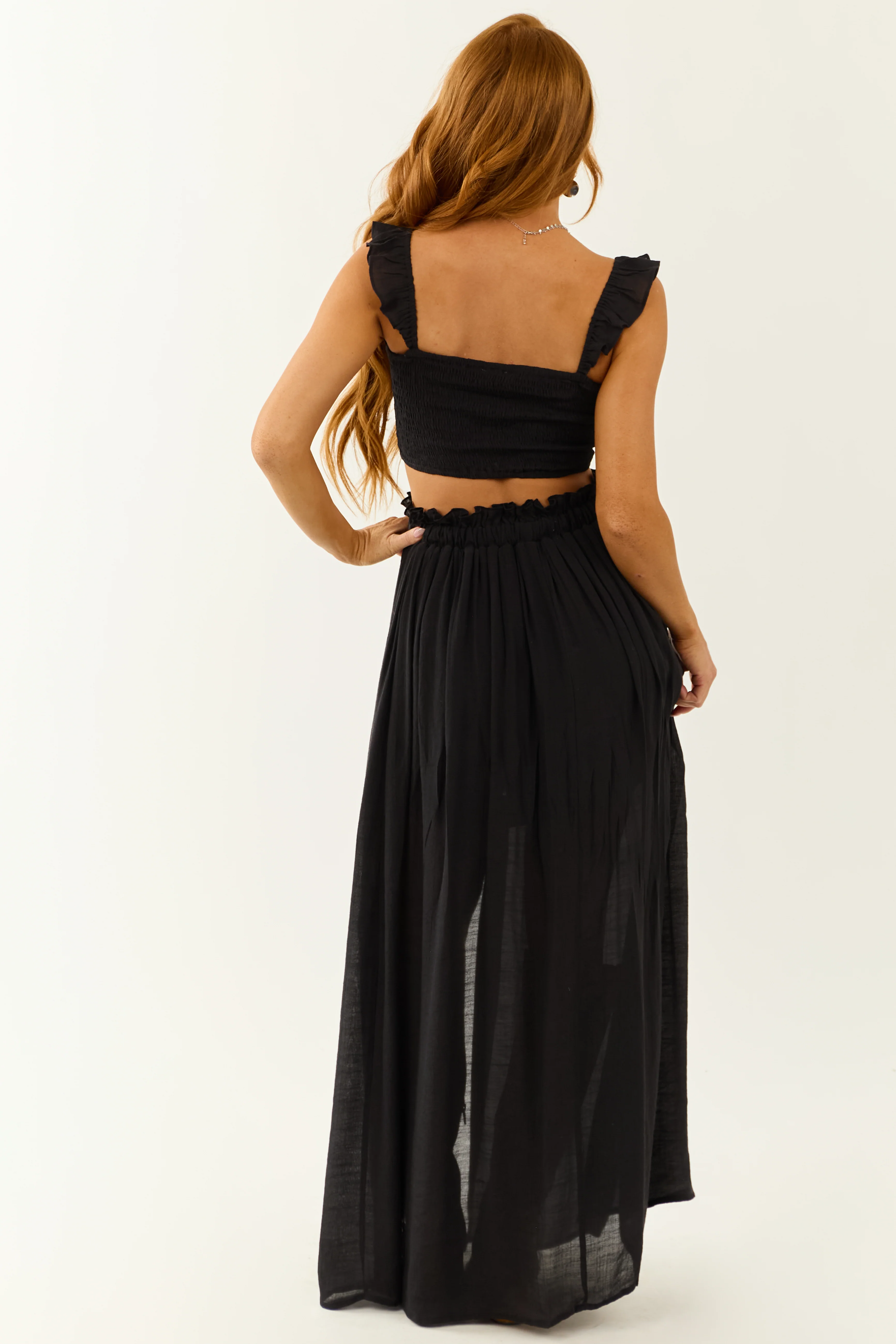 Black Ruffle Strap Crop Top and Maxi Skirt Set - Image 8