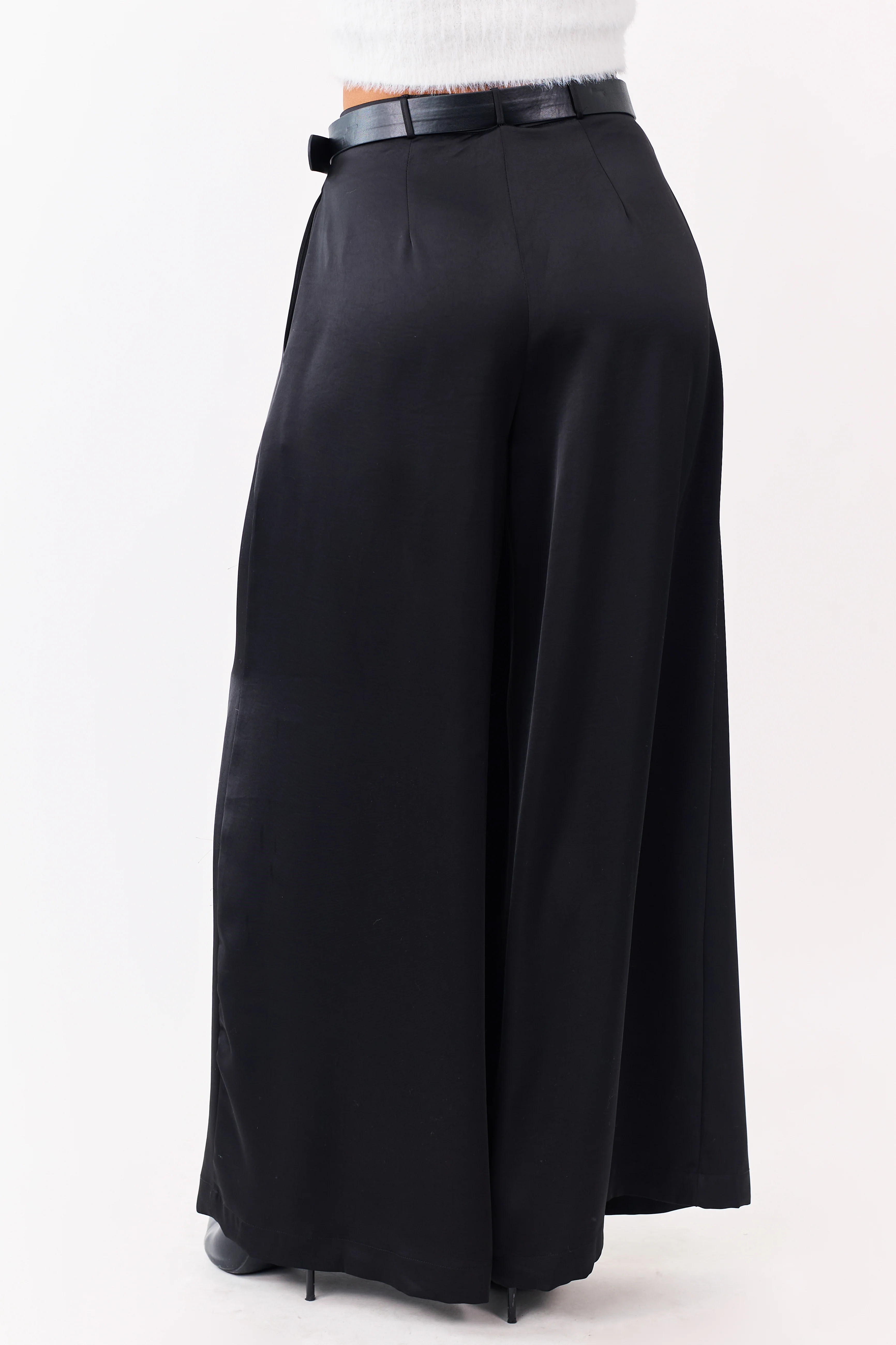 Black Satin Belted Wide Palazzo Pants - Image 5