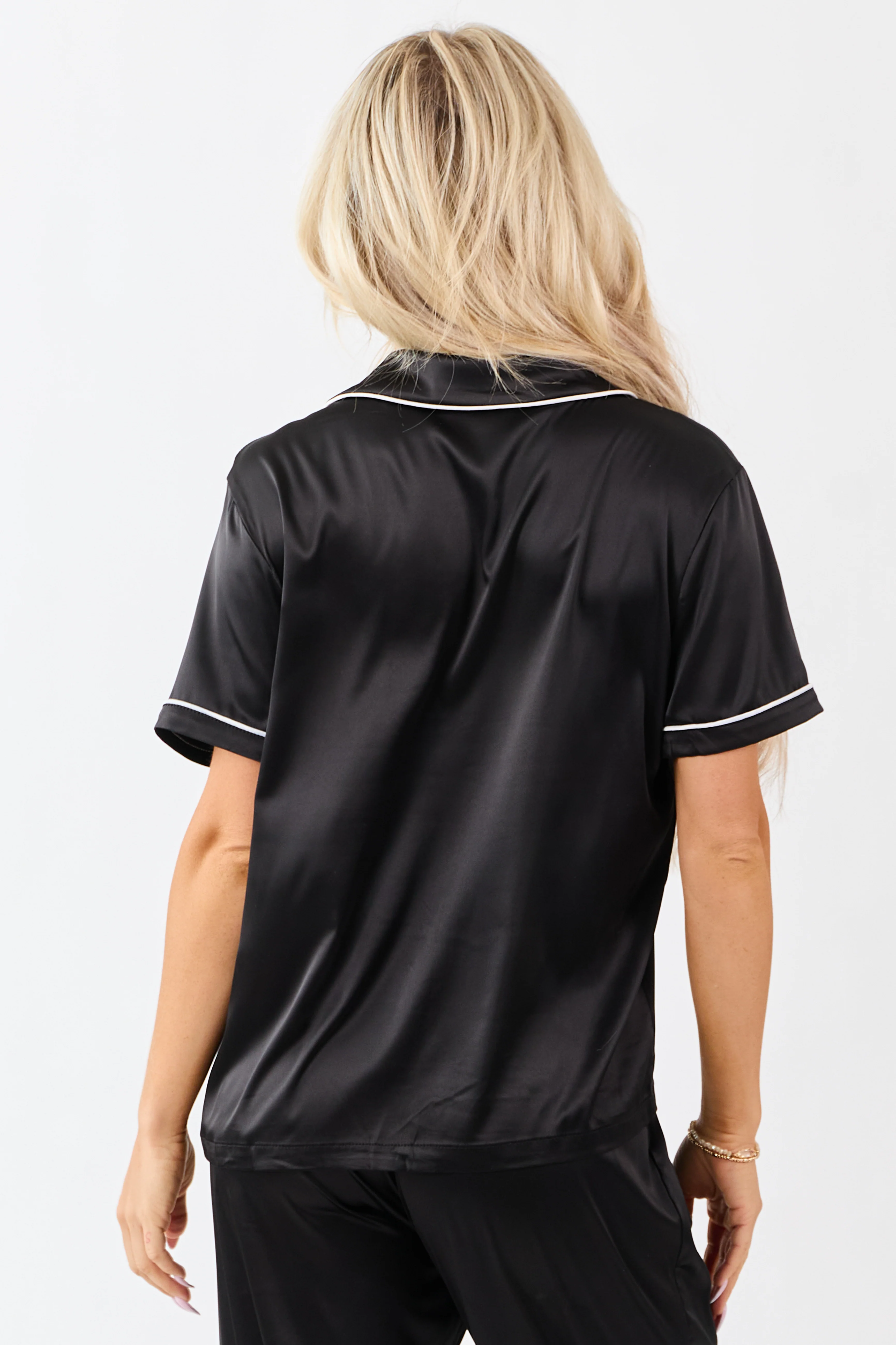 Black Satin Button Down Short Sleeve Pajama Top - Image 5