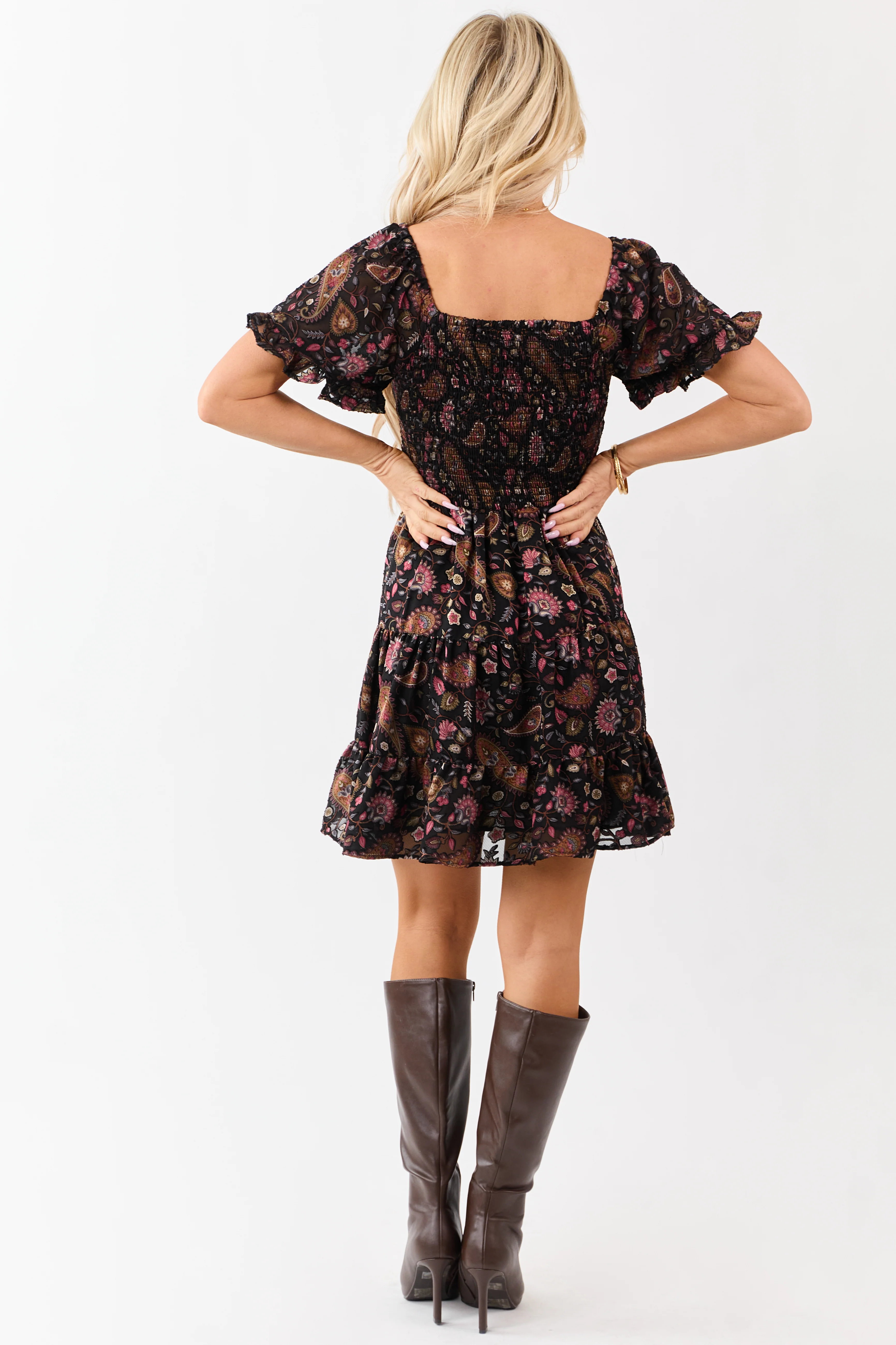 Black Satin Floral Paisley Pattern Tiered Mini Dress - Image 6