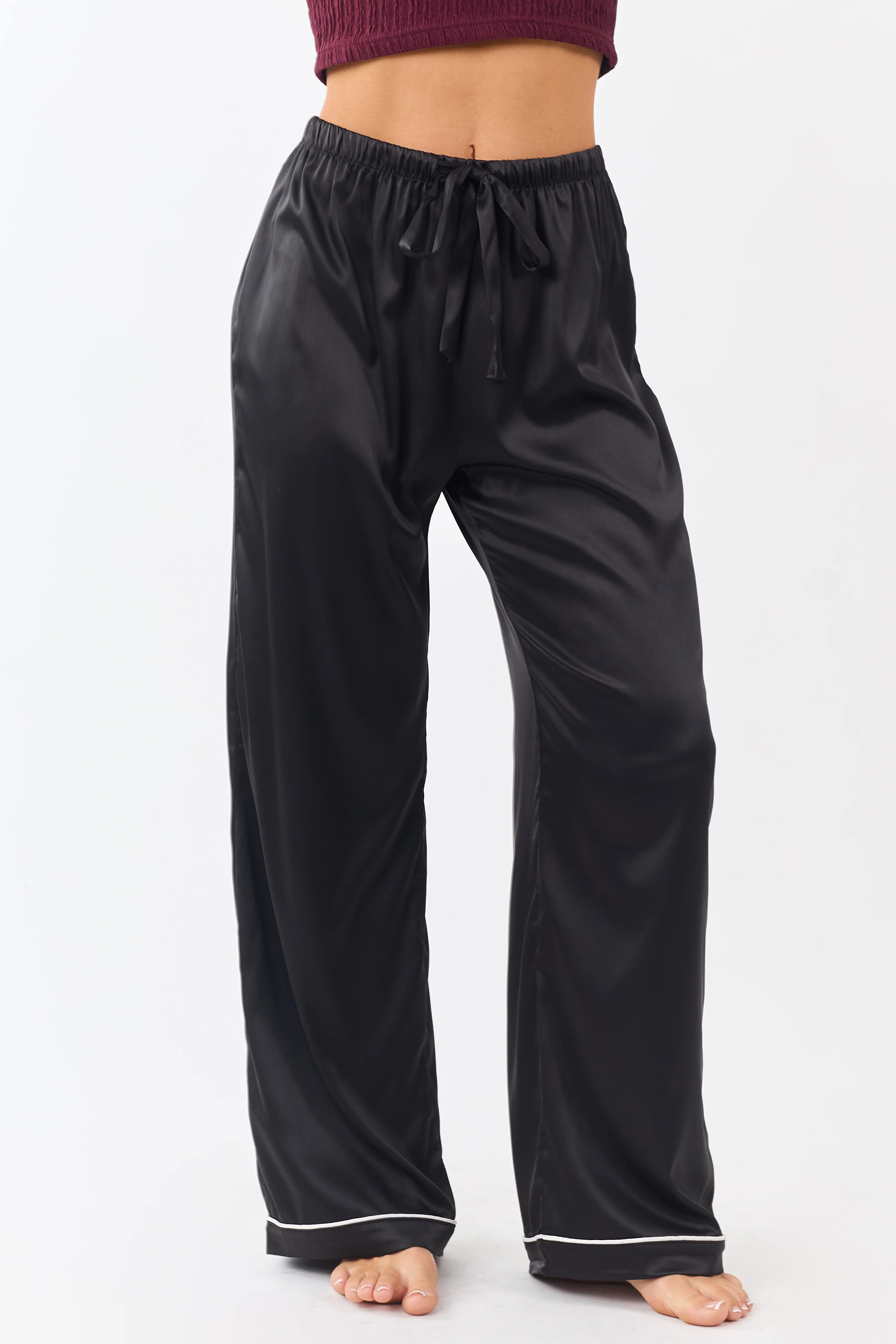 Black Satin Wide Leg Drawstring Pajama Pants - Image 2