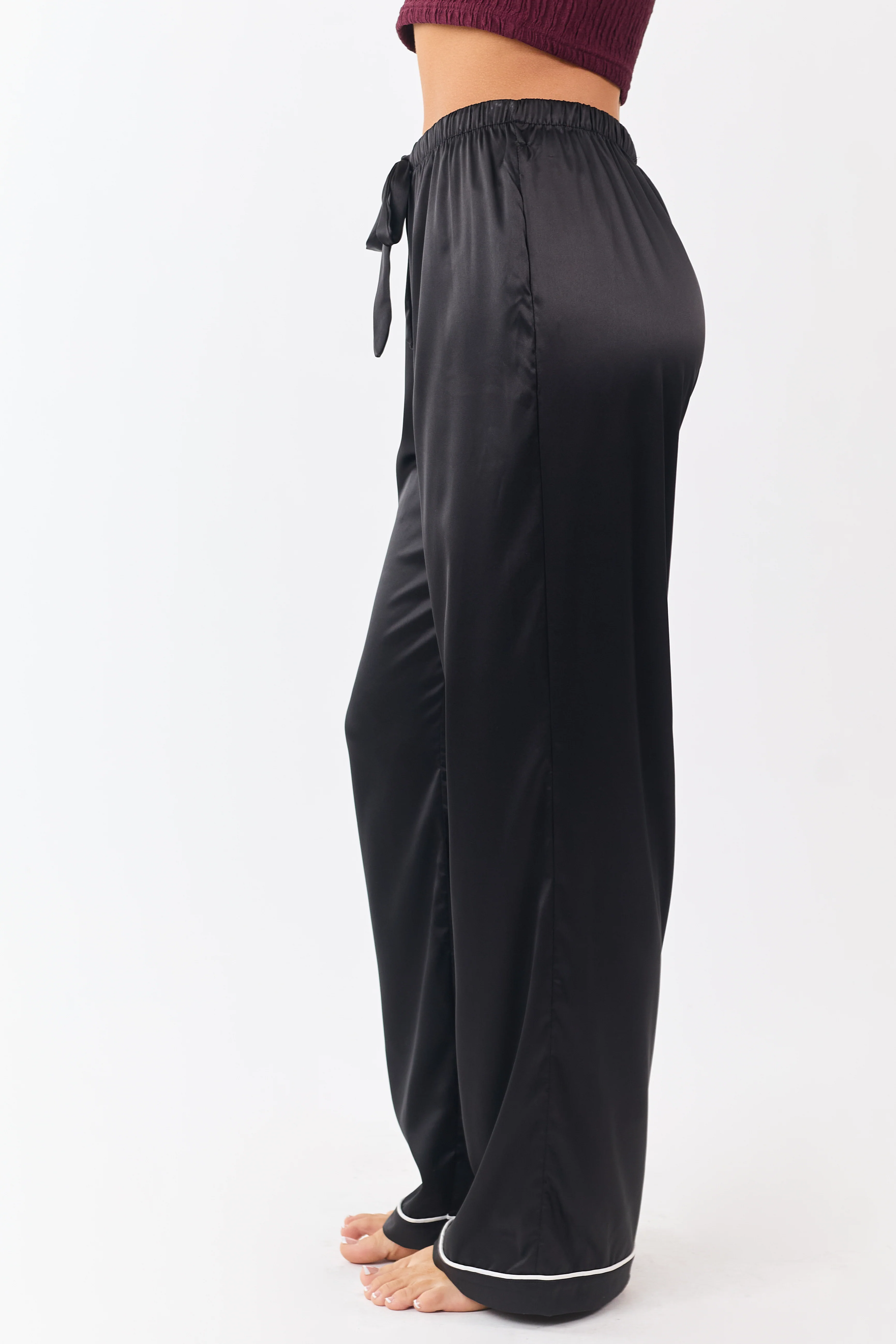 Black Satin Wide Leg Drawstring Pajama Pants - Image 3