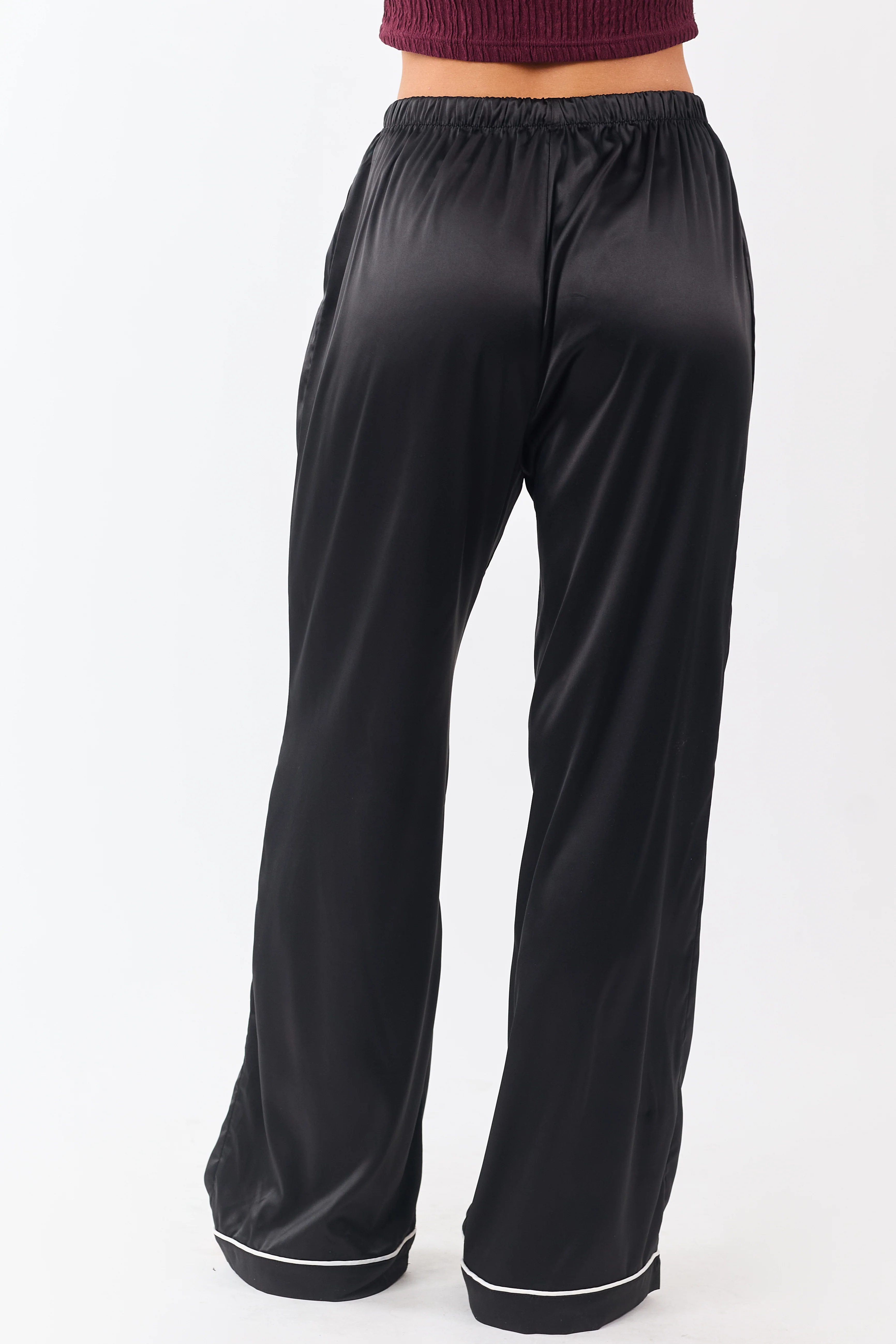 Black Satin Wide Leg Drawstring Pajama Pants - Image 4