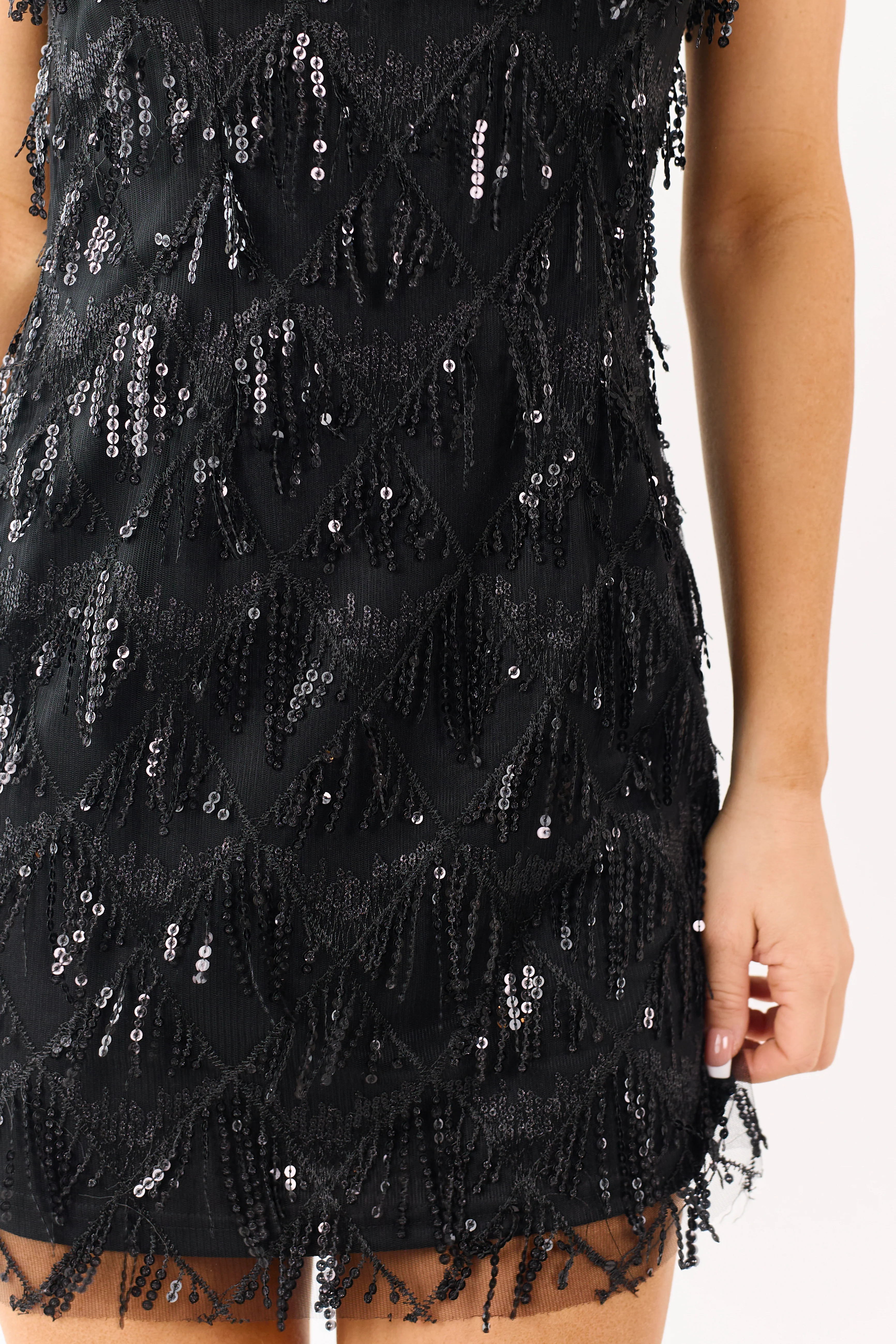 Black Sequin Fringe Mesh Sleeveless Mini Dress - Image 7